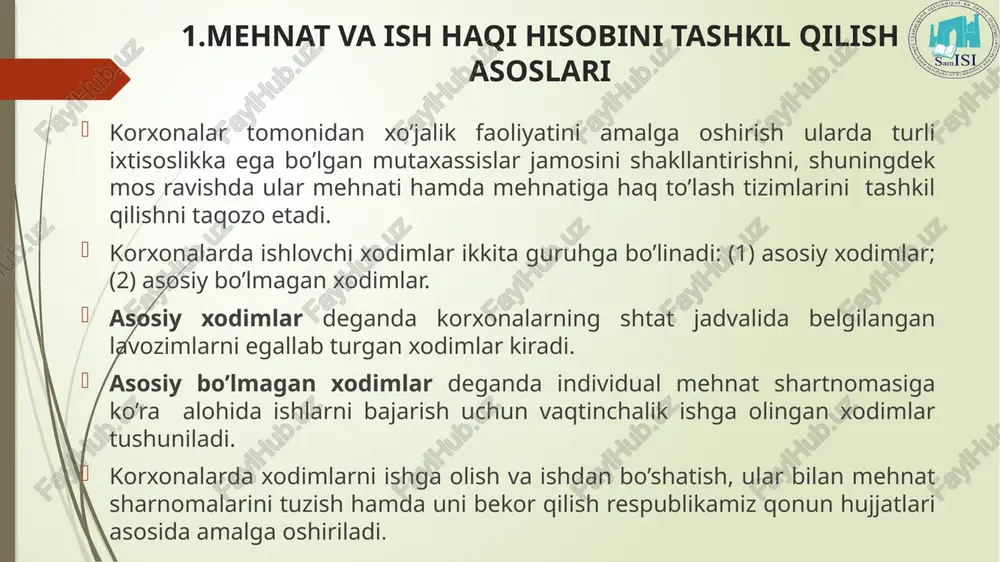 blash uchun – kasallik varaqasi, kasaba uyushma qo’mitasining qarori va xodimning ish haqi bo’yicha buxgalteriyada yuritilgan shaxsiy schyoti varag’i. 2.ish haqini hisoblanishi va hisobi ishbay ish haqi shaklida ishlovchi xodimga asosiy ish haqi summasi uning haqiqatda bajargan ish hajmini bir birlik ish uchun belgilangan ish haqi me’yoriga ko’paytirish yo’li bilan topiladi. masalan, ishchi oy maboynida 100 dona mahsulot ishlab chiqardi. bir birlik mahsulot uchun ish haqi me’yori –300 so’m. ishchiga hisoblanadigan ish haqi summasi bu holda 30000 so’mni (100x 300) tashkil etadi. 8 vaqtbay ish haqi shaklida ishlovchi xodimga asosiy ish haqi summasi uning haqiqatda ishlagan soatlari yoki kunlari sonini bir soatlik yoki bir kunlik o’rtacha ish haqiga ko’paytirish yo’li bilan topiladi. masalan, buxgalterning shtat jadvali bo’yicha maoshi –30000 so’m. yanvar oyida u 15 kun to’liq ishladi, qolgan kunlar uchun kasallik varaqasini taqdim etdi, uning mehnat staji –4 yil, bolalarining soni –2 ta. yanvar oyidagi kalendar ish kunlari soni –25. …