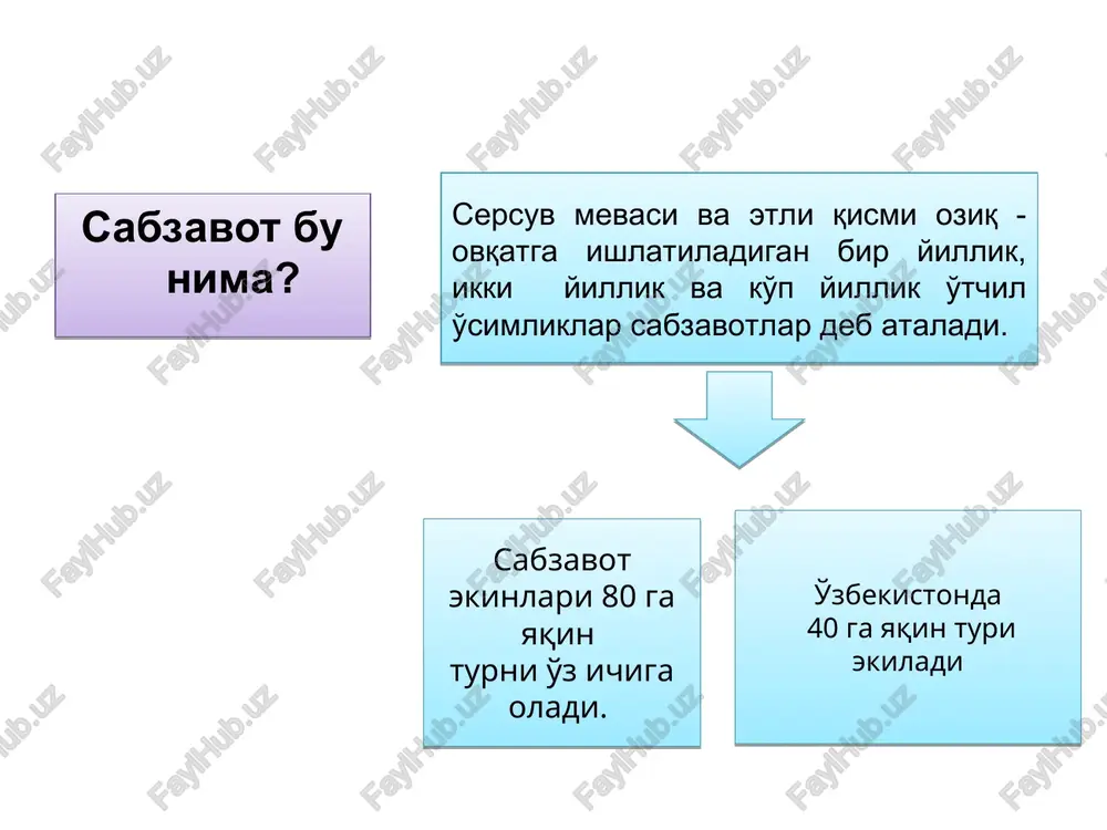 tuganak mevali sabzavot ekinlarining turlarini keltiring. vegetativ qismi er ostida bo'lgan sabzavotlarni aniqlash № sabzavotlar nomi ildizmevali ildizpoyali piyozboshli tuganak mevali 1. sparja 2. kartoshka 3. sarimsoq 4. lavlagi 5. xren 6. sholg'om 7. batat 8. piyoz oziq-ovqat sifatida iste'mol qilinadigan qismlari (organlari)ga qarab sabzavotlar quyidagilarga bo'linadi: mevalilar-pomidor, qalampir, qovun, tarvuz, oshqovoq, fizalis. dumbul mevalilar-baqlajon, bodring, qovoqcha, patisson, loviya, dukkaklar, shirin makkajo'xori, shirin qalampir, bamiya. bargli va poyabargli-karamboshi va barg karam, salat, kress-salat, ismaloq, shovul, rovoch, petrushka va selderey, mangold, xantal, ko'p-yillik piyoz, piyozlilar-bosh piyoz, sarimsoqpiyoz, ildizmevalilar-sabzi, lavlagi, bryukva, sholg'om, turp, rediska, pasternak, selderey va petrushka, ildizpoyali-erqalampir, qatron. tuganak-mevali kartoshka, batat, poyamevali-kolrabi, to'pgulli-artishok, gulkaram, novdali-sparja, qo'ziqorin-shampinon. mavzu: kirish. sabzavotchilik fani xususiyatlari, rivojlanishi va biologik asoslari. bpokkosiv bpiloccesi kapamu ku3unibolwsin kapam bpiokba aptulwok pomeh casiat bapisim canat wepmiouuh (sctparoh) *kambus (4yabep) wg yn batat cnap)ka (capcabmn) bowokgownap (poaceae lwmpuh makkaxkyxopu fate @ tyrahak mesbasin ca63abort 3kuhnapu — | _ on | …