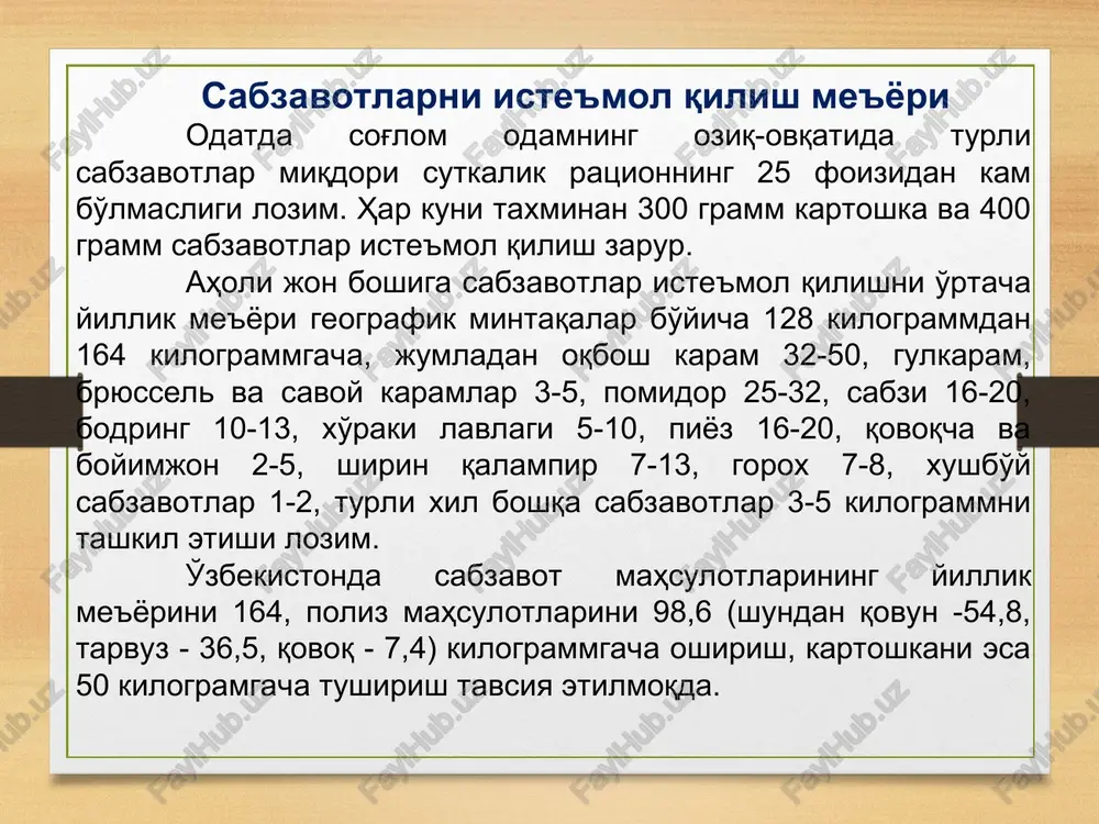 6. dukkakdoshlar (kapalakgullilar) – ko'k no'xat, loviya, sparja loviyasi, dukkaklar; 7. astradoshlar (murakkabguldoshlar) – salat (qora salat), artishok (bo'ztikan), skortsiner, estragon (sherolchin), tsikoriy (sachratqi), endiviy; 8. toronguldoshlar – shovul, rovoch; 9. labguldoshlar (yasnotkadoshlar) – rayhon, oddiy yalpiz, issop, mayoran, chaber; 10. pechakguldoshlar – batat; 11. piyozguldoshlar (piyozdoshlar) – bosh piyoz, batun, porey, ko'p yarusli, shnit, oltoy, shalot, sarimsoq piyoz; 12. sparjadoshlar – sarsabil; 13. boshoqdoshlar – shirin makkaxo'jori. 14. gulxayridoshlar- bamiya. hayotining davomiyligiga qarab asosiy sabzavot ekinlari bir-yillik, ikki-yillik va ko'p-yillikka bo'linadi. bir-yilliklarning hayotiy davri – ekilganidan to yangi urug' pishib etilishi bir-yilda (mavsumda) tugaydi va ular kuzda nobud bo'ladi. bunga ituzumdoshlar, qovoqdoshlar, dukkakdoshlar oilasiga kiruvchi barcha o'simliklar, shuningdek, batat, rayhon, kashnich, kress-salat, xantal, gul va pekin karamlari, shivit, ismaloq, shirin makkajo'xori, rediska kiradi. ikki-yillik o'simliklarda barg to'plami va eti, hosil organlari (ildizmeva, karambosh, bosh piyoz), poyameva birinchi-yili, gullari va urug'lari ikkinchi-yili shakllanadi va etiladi. ularga savoy, bryussel, kolrabi, bryukva, …