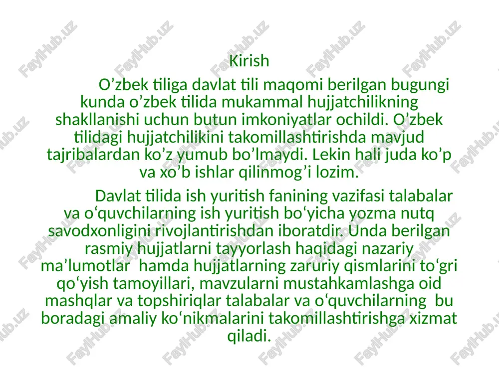 htiriladi. bosma ish qog‘ozlari bo‘lmagan taqdirda ishonchnomalar oddiy qog‘ozga kompyuterda yoziladi va uning yuqori chap tomoniga ishonchnoma beruvchi idoraning to‘rtburchak muhri qo‘yiladi. xizmat ishonchnomalari quyidagi zaruriy qismlarga ega bo‘ladi: 1. hujjatning nomi (ishonchnoma). 2. ishonchnoma berilayotgan, ya`ni ishonch bildirilyotgan shaxsning lavozimi va to‘liq ism-familiyasi. 3. qimmatbaho jihozlar olinadigan (beradigan) muassasaning nomi. 4. ishonchnomaning berilish sababi. 5. ishonchnomaning amal qilish muddati. 6. zaruriy o‘rinlarda ishonchnoma berilayotgan shaxs imzosining namunasi ko‘rsatilishi mumkin. 7. moddiy buyumlarni oluvchining shaxsiyatini tasdiqlovchi hujjatning nomi (pasport, guvohnoma). ishonchnoma men, mirzo ulug‘bek nomidagi o‘zbekiston milliy universiteti iqtisodiyot fakultetining iii kurs talabasi saidahmad isomiddinovich lochinov hamqishlog‘im karim omonovich turg‘unovga (pasport seriyasi … №…) universitet kassasidan menga tegishli 2020-yil oktabr oyi stipendiyasini olish uchun ishonch bildiraman. 2020-yil 28-oktabr (imzo) s.i. lochinov s.i.lochinovning imzosini tasdiqlayman. kadrlar bo‘limi boshlig‘i (imzo) b.n. yoqubov etiboringiz uchun rahmat image1.png “denov tekstil” paxta tasdiglayman oe “denov tekstil” paxta- to’gimachilik mchj to’qimachilik mchj_ korxonasi korxonasi rahbari ssaidov …