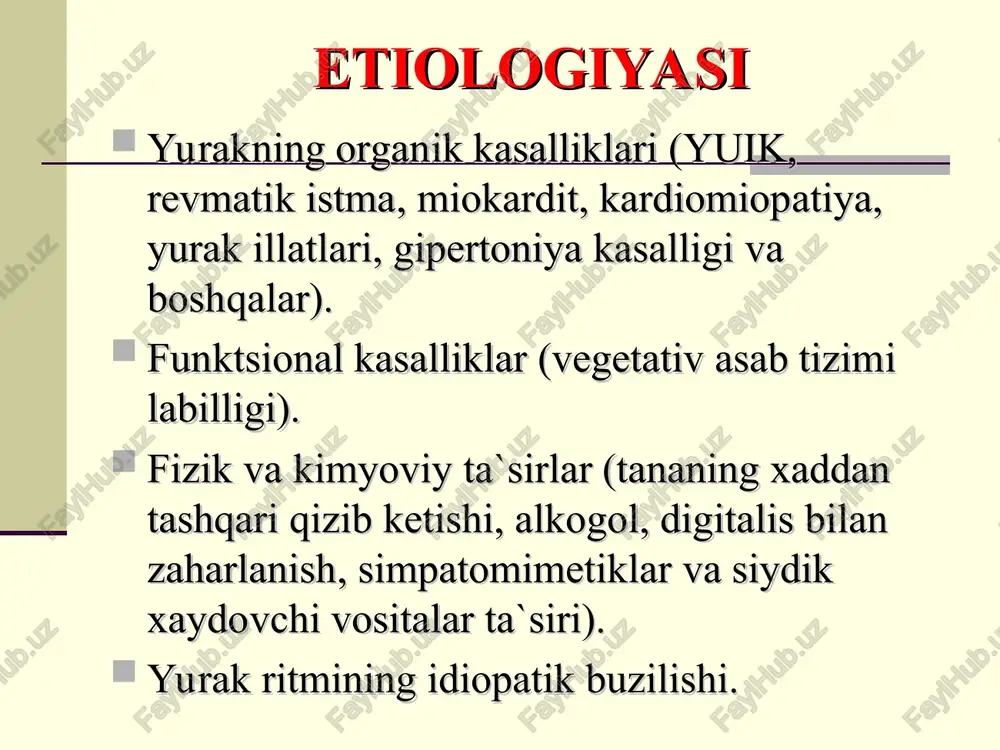 lib kelishi tufayli ekgda aniqlanmasligi. noto’liq kompensator pauza. qorinchalar ekstrasistoliyasi 5 xil ekg o’zgarish kuzatiladi. navbatdan tashqari shakli o’zgargan qrs kompleksining paydo bo’lishi. 2. qrs kompleksning deformatsiyalanganligi va davomiyligining 0,12 sekunddan uzayganligi. 3. segment s – t va t tishcha ekstrasistolik kompleksning asosiy tishchasiga teskari (diskordant) yo‘nalgan bo‘lishi. 4. qorinchalar ekstrasistoliyasi oldida p tishchaning bo’lmasligi. 5. qorinchalar ekstrasistoliyasidan keyin to’liq kompensator pauza bo’lishi. qorinchalar ekstrasistoliyasi alloritmiya — bu ekstrasistoliya va yurak normal ritmini to‘g‘ri ketma ketlikda kelishidir: 1) bigeminiya (xar bir normal yurak qisqarishidan keyin es); 2) trigeminiya (har 2 ta normal yurak qisqarishidan keyin es); 3) kvadrigeminiya va b. monotop es — bitta ektopik o‘choqdan chiqqan es. politop es — bir nechta ektopik o‘choqdan chiqqan es. guruhli ekstrasistoliya — ekg da 3 va undan ortiq es ni ketma - ket kelishi. allorhythmia is a regular alternation of extrasystoles and normal contractions: 1) bigeminy (every normal after reduction should es), …