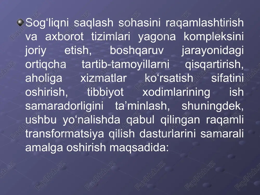lik mehnat jamoasini shakllantirishga; yuklangan vazifalarni amalga oshirish doirasida malakali mutaxassislarni, shu jumladan chet ellik mutaxassislarni maslahatchi sifatida to‘g‘ridan-to‘g‘ri shartnomalar asosida jalb qilishga ruxsat berilsin. 5. belgilansinki: 2024 yil 1 yanvardan boshlab respublikadagi barcha tibbiyot va farmatsevtika tashkilotlari, shu jumladan dorixonalar majburiy tartibda bosqichma-bosqich yagona platformaga ulanadi; sog‘liqni saqlash sohasidagi axborot tizimlari, resurslari va boshqa dasturiy mahsulotlarni yaratish va joriy etish majburiy tarzda “it-med” mchj bilan kelishilgan holda amalga oshiriladi. 6.sog‘liqni saqlash tizimiga yagona platformani o‘z vaqtida, to‘laqonli va sifatli joriy qilish, mas’ul vazirlik, idora va tashkilotlar bilan joriy etilayotgan loyihalarni muvofiqlashtirish, amalga oshirilgan ishlar holatini baholash hamda muntazam ravishda sog‘liqni saqlash va boshqa tizimlardagi rahbar va ular o‘rinbosarlarining hisobotlarini eshitishni tashkil etsin; sog‘liqni saqlash vazirligi tizimining raqamlashtirilishiga investorlarni jalb qilsin; 2023 yil 1 yanvarga qadar aholi va tizim foydalanuvchilari tomonidan interaktiv tibbiy xizmatlarni olish imkonini beruvchi maxsus dastur va mobil ilovalarni ishlab chiqsin va ishga tushirsin. mazkur qarorning ijrosini …