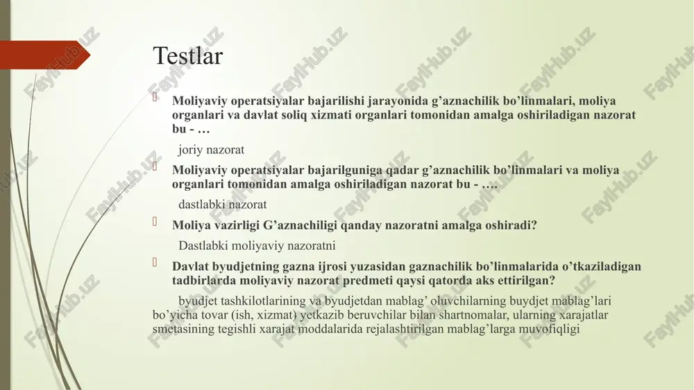 o’zbekiston respublikasi moliya vazirligining yagona axborot tizimida budjet tizimi budjetlari, budjet tashkilotlari va budjetdan mablag’ oluvchilar uchun shaxsiy g’azna hisobvaraqlari ochiladi. budjet tashkilotlari va budjetdan mablag’ oluvchilar o’z xarajatlar smetalarida nazarda tutilgan budjetdan ajratiladigan mablag’larni moliya yili tugaguniga qadar sarflaydilar. 7 byudjet loyihasini tuzish byudjetni ko’rib chiqish va tasdiqlash byudjetni ijro etish va nazorat qilish byudjetning ijrosi to’g’risidagi hisobotlarni tayyorlash va tasdiqlash budjet tizimi budjetlari daromadlari ijrosini tashkil etish budjet tizimi budjetlari xarajatlari ijrosini tashkil etish budjet tizimi budjetlarining xarajatlari daromadlar va xarajatlar yoyilmasida nazarda tutilgan budjetdan ajratiladigan mablag’lar doirasida hamda budjet tashkilotlari va budjet mablag’lari oluvchilar faoliyat ko’rsatishini ta’minlaydigan muddatlarda, daromadlarning tushishi hisobga olingan holda amalga oshiriladi. 9 yuridik va moliyaviy majburiyatlarni qabul qilish, ro’yxatdan o’tkazish va hisobga olish kassa xarajatlarini amalga oshirish, shu jumladan budjetlararo transfertlarni o’tkazish hisob va hisobot bizga ma’lumki, 2004 yil 26 avgustda o’zbekiston respublikasining “davlat budjetining g’azna ijrosi to’g’risida”gi 664-ii-son qonuni qabul qilindi. mazkur …