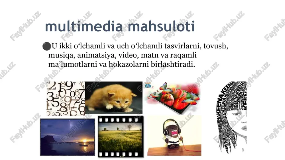 hrirlash va kliplar yaratish, shu jumladan ovoz va tasvirni sinxronlashtirish; internetda multimedia hozirgi vaqtda internetda oqimli audio va video texnologiyalari keng tarqaldi. internet orqali efirga uzatiladigan juda ko'p radio va televidenie stantsiyalari mavjud. dunyo bo'ylab turli joylarda (shahar ko'chalarida, muzeylarda, qo'riqxonalarda va hokazo) o'rnatilgan va tasvirlarni uzluksiz uzatuvchi livecam videokameralari keng tarqalgan. ovozli signalni siqish va uning teskari dekompressiyasi chaqirilgan maxsus dasturiy modullar tomonidan amalga oshiriladi kodeklar (kodlovchi-dekoderlar). 21 ovozli signalning siqilish darajasini tavsiflash uchun,bit tezligi- audio signal qayta tiklanganda siqilgan ma'lumot dekoderga kelishi kerak bo'lgan bit tezligi. 22 ta'riflar modellashtirish - real hayot ob'ektlari, hodisalari yoki jarayonlari asosida ushbu hodisalarning tushuntirishlarini olish uchun modellarni o'rganish va qurish. uch o'lchovli grafika uch o'lchovli fazoda ob'ektlarni taqlid qilish orqali video yoki tasvirni yaratadigan kompyuter grafikasi. 3d modellashtirish ob'ektning uch o'lchovli modelini yaratish (modellash)ning to'liq jarayonidir. interaktiv ta’lim modellari- bu o'qituvchi va talaba o'rtasidagi faol munosabatlarga hissa qo'shadigan turli xil ta'lim tizimlari. …