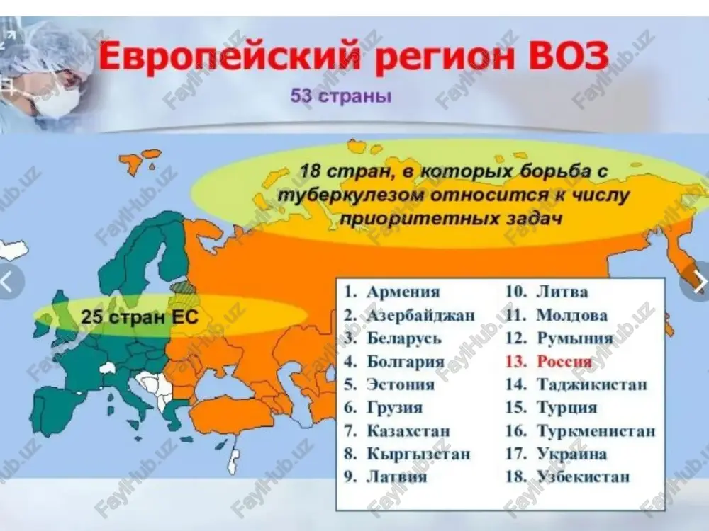 li sil bemorlari sonini ortishi axoli orasida sil infektsiya manbasi yukoriligidan va silni barvakt aniklanishi sustligi tugrisida dalolat beradi. kasallanish ko'rsatkichi 0- 20 100000 aholiga bo'lishi- bu xududda tuberkulez yo'q degani; balki bu ko'rsatkich 100000 aholiga 100 va undan yuqori bo'lsa- kasallikni epidemiyasi hisoblanadi o'lim ko'rsatkichi- yil davomida tuberkulezdan vafot etganlar soni 100000 aholiga nisbatan; yangi topilgan bemorlar orasida ushbu ko'rsatkich yuqori bo'lishi- kasallik o'ta kech aniqlanganligi to'g'risida dalolat beradi rasprostranenie tuberkulyoza vo vsem mire 0 -9 10 - 24 25 – 49 50 – 99 300 ili bolshe 100 – 300 tuberkulez bilan kasallani ko'rsatkichi tarqalishi past (100000 aholiga 10dan kam)bo'lgan davlatlar (avstriya, germaniya, gretsiya, norvegiya, frantsiya, shvetsiya, shveytsariya, chex respublikasi); tarqalishi o'rtacha(100000 aholiga 10dan 30 ) bo'lgan davlatlar (bolgariya, vengriya, polsha, turkiya, ispaniya, portugaliya); tarqalishi yuqori (100000 aholiga 30 dan ortiqa) bo'lgan davlatlar( sssr dan keyingi respublikalar va ruminiya) 2002 yili o'bekiston respublikasida kasallanish ko'rsatkichi jadal temp bilan …