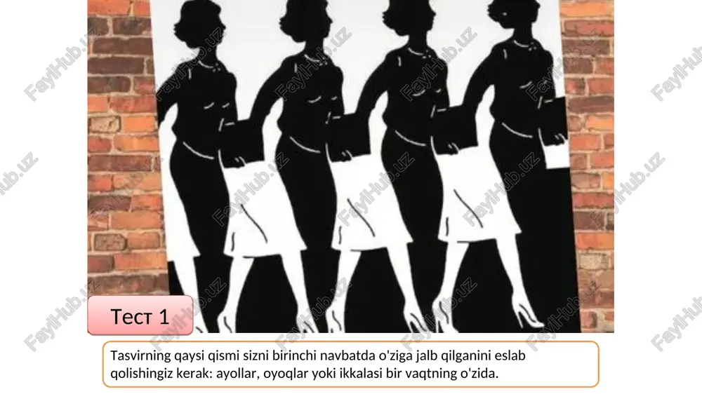 bo'lsa, o'ng yarim sharni, agar chap chap bo'lsa, belgilang. test 13. qarsaklar bir qo'li tepada bo'lishi uchun qarsak chaling. qaysi biri? qarama-qarshi yarim sharni belgilang. test 14. oyog'ingizni oyog'ingizga qo'ying qaysi oyoq tepada? birinchi reaktsiya muhim ahamiyatga ega. qarama-qarshi yarim sharni belgilang. test 15. rozenbax testi. qo'lingizda qalam oling, uni ko'zingiz oldida cho'zing va unga e'tibor bering. bir ko'zingizni, keyin boshqasini yoping. qaysi ko'z yopilganda, tasvir kuchliroq siljiydi(ikkala ko'z bilan ko'rishga nisbatan)? ushbu testda unga qarama-qarshi yarim sharni dominant deb belgilang. agar u bir xil siljigan bo'lsa yoki siljimasa, nolga qo'ying. formula: ”ch" sonidan ”o’" sonini olib tashlang, 15 ga bo'ling va % ga o'tkazing. l – p ______________________________________ x 100 15 (kolichestvo testov) rezultati: > 30%— chap yarim sharning to'liq ustunligi 10% — 30% — chap yarim sharning to'liq bo'lmagan ustunligi -10%—+10% — o'ng yarim sharning to'liq bo'lmagan ustunligi <-10% - o'ng yarim sharning to'liq ustunligi ean, f ys …
