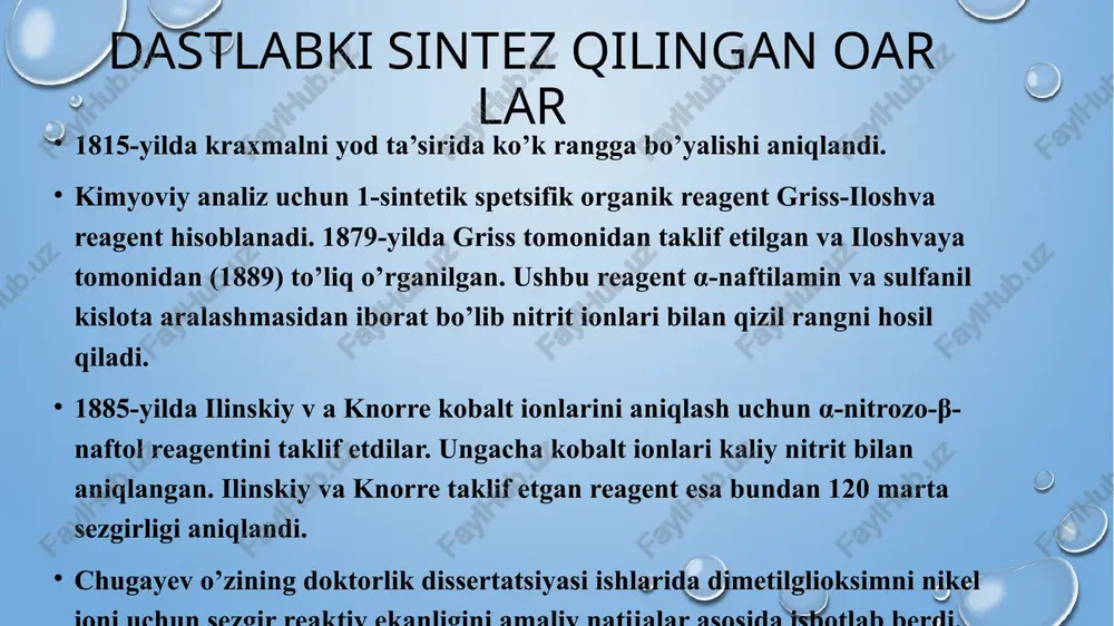 slota-asosli indikatorlar. kuchsiz asos yoki kuchsiz kislota bo’lib sistemadagi h+ yoki oh- ionlari ta’sirida bir formadan ikkinchisiga o’tadi. oksidlanish-qaytarilish indikatorlari. ma’lum redoks-poptensial qiymatida bir tautomer holatdan ikkinchisiga o’tadi. bunda oar oksidlanadi (qaytariladi) va bu rang o’zgarishi bilan sodir bo’ladi kompleksonometrik (metalloindikatorlar) indikatorlar metell ioni bilan hosil qilgan kompleksining barqarorligi metiloranj indikatoriningtautomer o’tish holati. metiloranjning suvli eritmasi to’q sariq rang bo’lib, muhit ph qiymati 3,1 dan kichik bo’lganda och qizil rangli xinoid strukturaga o’tadi, ph>4,4 bo’lganda esa sariq rangli azo-formaga o’tadi difenilaminning oksidlanishi e°=+0,76 da rangsiz difenilamin to’q ko’k ranglidifenilbenzidinga qadar oksidlanadi. kislotali sharoitda oksidlovchilar no2-; no3-; cro42-; fe3+ difenilaminni difenilbenzidin difenildifenoxinondiimin thank you for your attantion image3.png image4.png image5.emf image6.emf image7.emf image8.emf image9.emf image2.png image1.png a c c h 3 c h 3 c n n oh oh ni 2+ c c h 3 c h 3 c n n oh ni c c ch 3 ch 3 n n …