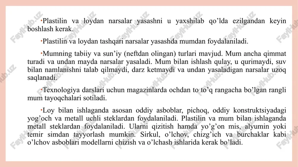 oshlik – tasviriy san’at turlaridan biridir. san’atning bu turining xususiyati tasvirni hajmi – formasidir. plastik tasvirlar orasida aylana haykaltoroshlik yolg’iz tur emas. undan tashqari, barel’ef va gorel’ef ham mavjud. rel’ef aylana haykaltoroshlikdan farq qilib, yassi sathda aks etadi. bu haykaltoroshlik formalaridan idish – tovoq sathini, binolarning old tomoni, inter’eri va shu kabilarni bezashda foydalaniladi. loy va plastilin bilan ishlashda kerak bo’ladigan usullar. 1. yumoloqlik – bir parcha loydan shar yasash: unga olcha, olma kabilar shaklini berishdir. 2. bir bo’lak loydan kaftda aylana harakatlar bilan shar yasaladi. 3. shar yasash, so’ngida uzunasiga harakatlar bilan uni tuxum, ustun kabilarga aylantirish. 4. yassilash – sharikdan yassi non yasaladi, qo’lning holati doimo o’zgarib turadi. 5. cho’zish – sharikning bir qismi cho’ziladi. 6. surish (yamash) buyumning ayrim qismlarini o’zaro biriktirish. loy va plastilin bilan ishlash mashg’ulotlarini tashkil etish va o’tkazishda ish joyini bekamu-ko’st jihozlanganligi muhim ahamiyatga egadir. shuni qayd etish lozimki, o‘zbekiston issiq iqlim sharoitida …