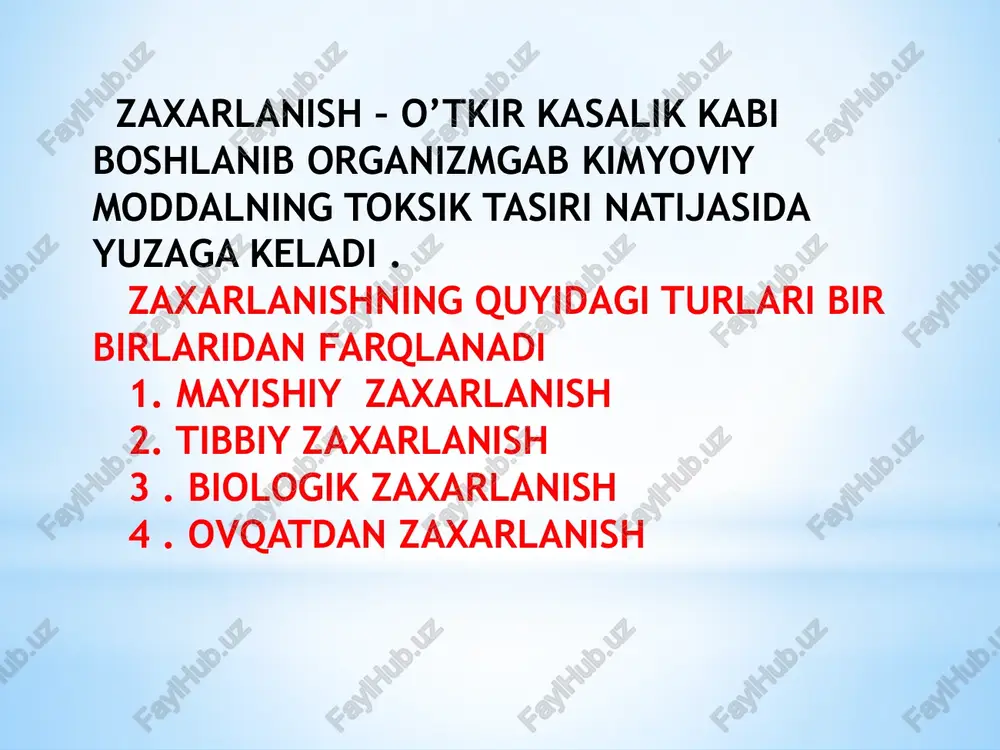 ’tkazuvchanligini taminlash , havo kislarod aralashmasini uzoq vaqt ingalatsiya qilish , yurak qon tomitr periparatlarini yuborish . hozirgi vaqtda sanoat , qishloq xo’jaligi , uy sharoyitida fosforoligik birikmalar bilan zaxarlanish ko’p tarqalgan . bu modda asab tizimiga kuchli tasir qiladi , yani xolsizlik , bosh og’rishi , toqatsizlik , nafas olishining buzilishi , qorinda og’riq va ich ketishi kyuzatiladi .bu borado birinchi rtibbiy yordam ko’rsatish zaxarni organizmdan chiqarib tashlab uchun oshqazonni yuvish , ichni suruvchio vositalarni qo’llash zarur kuyduruvchi moddalar billan zararlanganda bunga ( uksus , essensiyalar va kislotalar taluqlidir ). bu zaxarlanishning kilinek kechishi mahaliy kuyduruvchi tasirdan va umumiy rezobirotiv tasiridan kelib chiqadi . bemor tomog’idan kuchli og’riq , nafas olishning juda qiyinligidan shikoyat qiladi . davolashda oshqozoni yuvish, premedol , yurak periparatlarini yuborishdan boshlanadi . etiboringiz uchiun raxmat. image1.jpeg image2.jpeg image3.jpeg image4.jpeg image5.jpeg image6.jpeg image7.jpeg image8.jpeg image9.jpeg image10.jpeg image11.jpeg image12.jpeg image13.jpeg aaa. /docprops/thumbnail.jpeg * termiz davlat universitet! tarix …