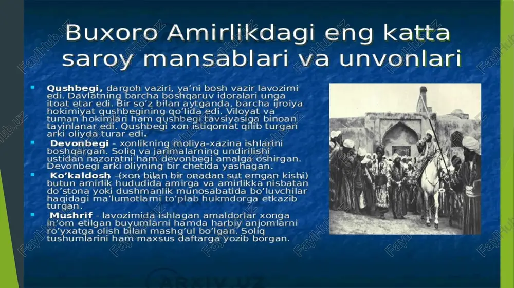 latning hamma ishlari uning qo`lida bo`lgan. u davlatning eski, tajribali, ishbilarmon, siyosiy ahvoldan xabardor odamlaridan tasdiqlangan. nomzod, avval, devonbegi mansabiga erishishi lozim bo`lib, shunda qo`shbegi bo`lishga loyiq sanalgan. agarda hokim bo`lsa ham u qo`shbegi bo`lishi mumkin bo`lgan. qo`shbegi mansabi ham ikkita bo`lgan. birinchisi “qo`shbegi kalon” va ikkinchisi “qo`shbegi poyon”. bunday atalishiga sabab “qo`shbegi kalon” doim arkda yashagan va har qanday vaziyatda arkni tashlab chiqishi mumkin bo`lmagan. “qo`shbegi kalon”ning huquqi boshqa vazirlarnikidan ortiq bo`lgan, u hibsga olish, jazo berish, qatl qilish, gunohkor molini musodara etish huquqlariga ega bo`lgan. uning bir necha umumiy devonbegilari bo`lib, ular minglab kishilarga taom va sarpo berishlari mumkin bo`lgan. qo`shbegining hashamati podshohning hashamatiga yaqin bo`lgan.86 “qo`shbegi poyon” esa ark oldida mahkamasi bo`lgan. “qo`shbegi poyon”ni – zakotchi deb ham ataganlar. chunki u mol zakoti, daryo, chegara, yo`l qorovullari uning qo`lida bo`lgan. “qo`shbegi poyon” harbiy harakatlar vaqtida lashkarboshi etib tayinlangan. davlatda favqulodda holatlar bo`lib qolganda “kull qo`shbegi”(hamma qo`shbegi) mansabi …