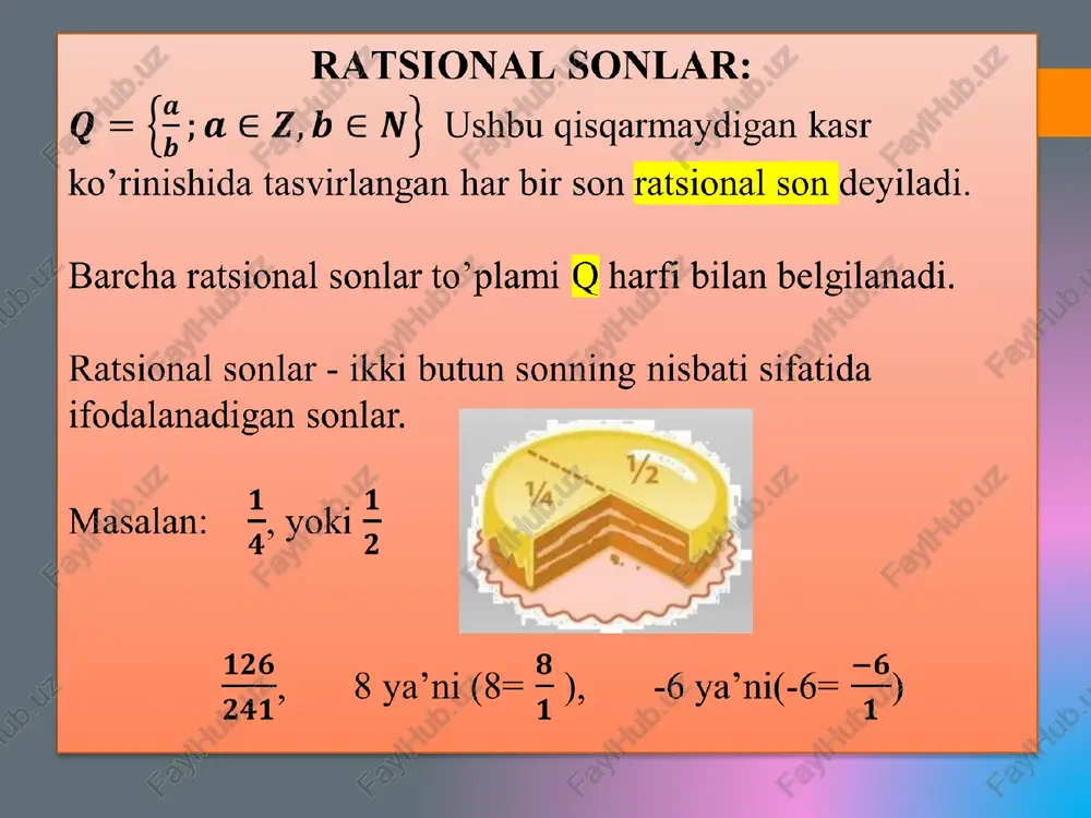 ayirmasi: z1 – z2=(2 – 18)+i(7 – (– 15))= – 16+22i kompleks sonlar ustida asosiy amallar kompleks sonlarni ko’paytirish. ikkita z1=a1+ib1 va z2=a2+ib2 kompleks sonlarning ko’paytmasi deb z1 * z2=(a1+ib1) * (a2+ib2)=a1 a2+ a1 ib2 +ib1 a2+ ib1 ib2 = = (a1 a2 – b1b2) +i(a1 b2 +b1 a2) tenglik bilan aniqlanuvchi kompleks songa aytiladi. m: 1) z1=4+5i va z2=3+9i z1 * z2=(4+5i)*(3+9i )=4*3+4*9i+5i*3+5i*9i= = 12+36i+15i+45i2 = 12+51i+ 45i2 = 12+51i-45=-33+51i kompleks sonlar ustida asosiy amallar kompleks sonlarni bo’lish. z1=a1+ib1 kompleks sonning z2=a2+ib2 (z2≠0) kompleks songa bo’linmasi deb z2 son bilan ko’paytmasi z1 ga teng z=x+iu kompleks songa aytiladi. demak, va z1=z*z2 tengliklar teng kuchli. kompleks sonlarni bo’lishda bo’linuvchi va bo’luvchini maxrajdagi kompleks sonning qo’shmasiga ko’paytiriladi. m: 1) z1=4+5i ni z2=3+9i ga bo’lish. = = image2.png image3.jpeg image4.png image5.png image6.jpeg image7.png image8.png image9.png image10.png image11.png image12.png image13.png ratsional sonlar: q= {. ;ae€z,bee nn} ushbu qisqarmaydigan kasr ko’rinishida tasvirlangan har bir …