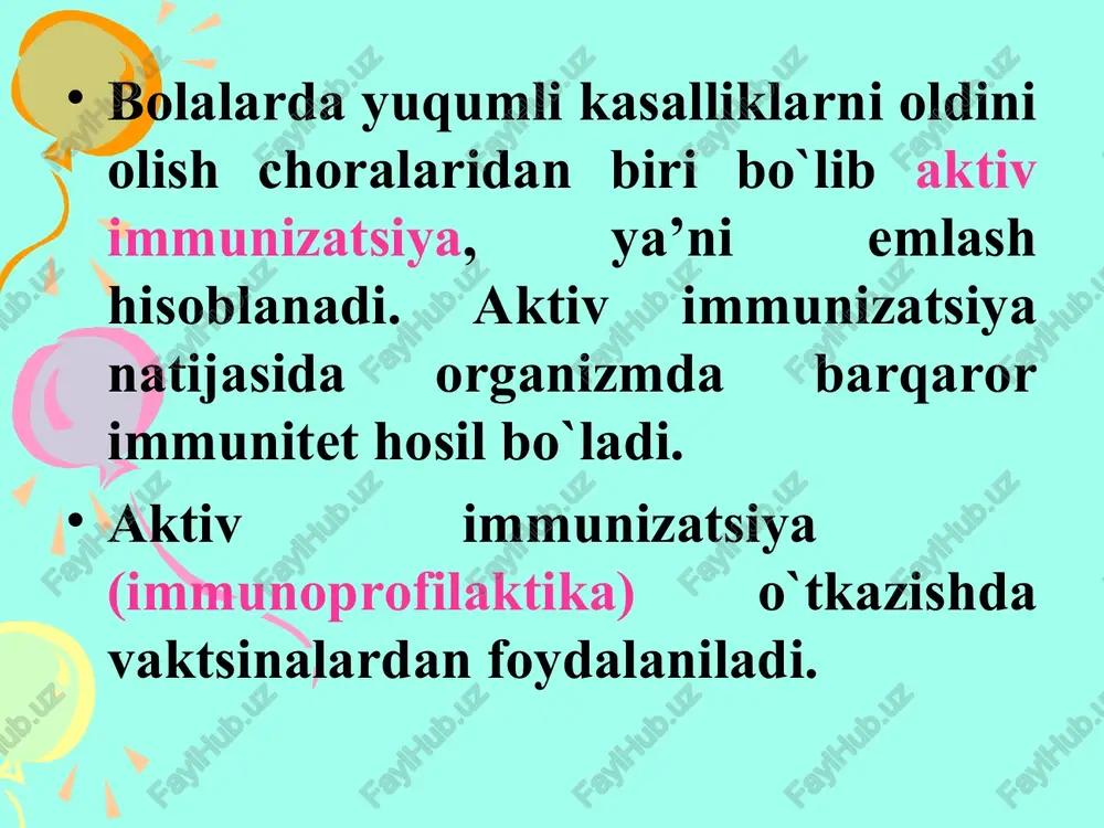 akli jihozlar: -paxta, salfetkalar, pinset, steril stol, qo‘lqoplar, bsj vaksinasi, 2 ta shprits, zararsizlantiruvchi eritma quyilgan lotok, ishlatilgan materiallarni solish uchun maxsus zararsizlantirish qutisi, 70% li etil spirti. zaruriy sharoit: -bolaning emlashga moneliklari bo‘lmasligi kerak, bsj vaksinasi boshqa vaksinalardan alohida muzlatgichda (xolodilnikda), quyosh nuri tegmaydigan holda, ya‘ni qora qog‘ozga o‘ralib saqlanishi kerak. silga qarshi emlash (bsj) bajarish algoritmi: -vaksina ampulalarini diqqat bilan tekshirish kerak (muddati, ampulaning butunligi, vaksinaning rangi va h.k); -qo‘llar yuvilib, artiladi, qo‘lqoplar kiyiladi; -vaksinali va erituvchi suyuqlik solingan ampulani bo‘g‘zini spirtli paxta bilan artib, ochiladi; -2 ml li shpritsni ochib, ignasi kiydiriladi va qalpoqchasi olinadi; -erituvchi suyuqlikdan shpritsga 2 ml olinadi; -va vaksinali ampulaga quyiladi, hamda mikrob osilmalari bir meyyorda erishi uchun chayqatiladi; -tuberkulin shpritsi ochiladi, ignasi kiydirilib, qalpoqchasi yechiladi, ampuladagi eritmadan 0,2 ml olinadi; -steril salfetkaga shpritsdan havo va ortiqcha eritma chiqariladi (salfetka shu zahoti maxsus qutiga tashlanadi); -shpritsda 0,1 ml eritma qolishi kerak; -chap yelkaning …