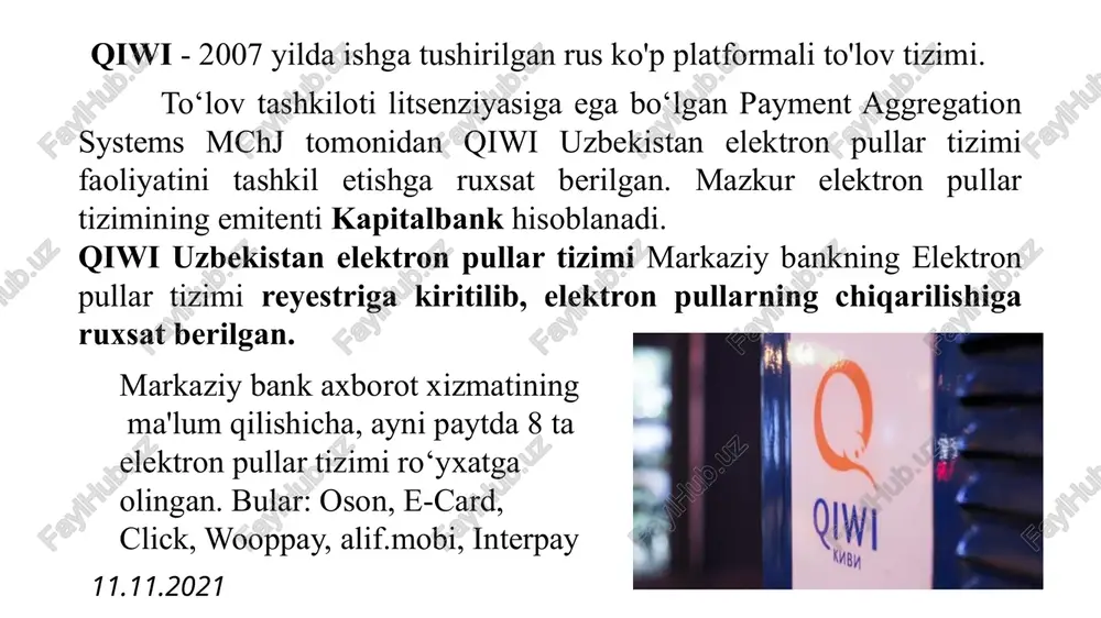 a teng bo‘lgan summadan oshmasligi ma'lum qilingan. «elektron pullarning asosiy afzalliklaridan biri, bank hisobvarag‘ini ochmasdan turib to‘lovlarni amalga oshirish imkoniyatining mavjudligi va tezkor tizimning yo‘lga qo‘yilganligidadir. shu bilan birga to‘lovlarni amalga oshirayotgan paytda vositachilik haqining boshqa to‘lov vositalariga qaraganda arzonligi hisoblanadi» elektron hamyon - elektron pullarni saqlaydigan hamda internetdagi xaridlar va xizmatlar uchun haq to'lash, hatto pulni bank hisobvarag'iga yoki bank kartasiga o'tkazish yoki naqd pul olish imkonini beruvchi kompyuter dasturidir. o'tkazmalar bir zumda amalga oshiriladi, ko'plab elektron pullar tizimlari hisob-kitoblar va o'tkazmalarni turli valyutalarda amalga oshirish imkonini beradi. pul jo'natuvchi pul o'tkazmasi uchun vositachilik haqi to'lashi kerak bo'ladi, shuning uchun xalqaro o'tkazmalar shartlarini oldindan o'rganib chiqish zarur. elektron pullar tizimlarining afzalliklari va kamchiliklari: bank kartasi bo'lsa, elektron hamyon nima uchun kerak? elektron hamyon ishlash tamoyili bank kartasiga o'xshaydi. uni osonlik bilan to'ldirish mumkin va dunyoning istalgan joyida u orqali to'lovlarni amalga oshirish mumkin elektron hamyonda pulni turli valyutalarda saqlash …