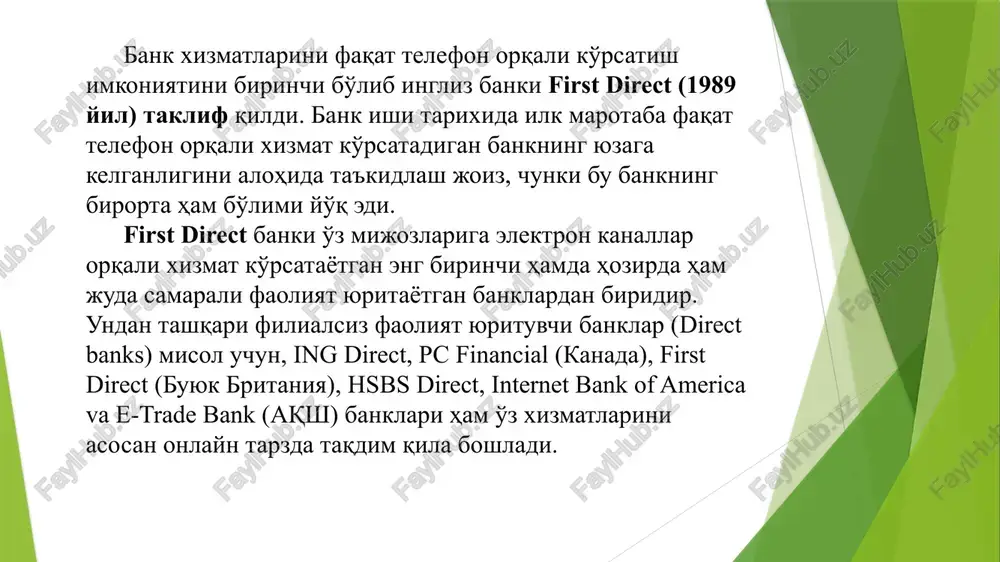 taklif eta boshladilar. dunyo bo'ylab 600 dan ortiq banklar to'liq hajmdagi internet-xizmatini taklif etishmoqda. ular elektron pullar aylanishi hamda virtual tovar ayirboshlashni ta'minlashadi. internet global tarmog'idan foydalanuvchilar sonining ortib borayotgani evropaning rivojlangan mamlakatlarida ushbu yangi bank xizmatlaridan foydalanuvchilar soni mamlakat umumiy aholisining 60-90% ni tashkil etayotgani kuzatilmoqda. 1-rasm ma'lumotlaridan shuni ko'rishimiz mumukinki, 2019 yil 1 yanvar holatiga voyaga etgan (16-74 yoshlar) daniya, niderlandiya va finlandiya davlatlari aholisining 89 foizi internet-banking xizmati orqali bank xizmatlarini amalga oshirishi orqali evropada bank xizmatlarini internet-banking orqali amalga oshirish reytingi bo'yicha etakchi mamlakatlarga aylandi. keyingi o'rinlarni shvetsiya (84%), estoniya (80%), buyuk britaniya (74%), belgiya (69%), lyuksemburg (68%), latviya (66%), frantsiya (63%) va boshqa davlatlari egallagan. evropa ittifoqida esa bu ko'rsatkich 54%ni tashkil etmoqda. ro'yxatning quyi qismida esa italiya (34%), kipr (33%), gretsiya (27%), bolgariya (7%) va ruminiya (7%) davlatlari tashkil etgan. rivojlangan davlatlar bank xizmatlari amaliyoti shuni ko'rsatmokdaki, bu xizmatlarning ba'zilari takomillashuvning yuqori cho'qqisiga erishgan, …