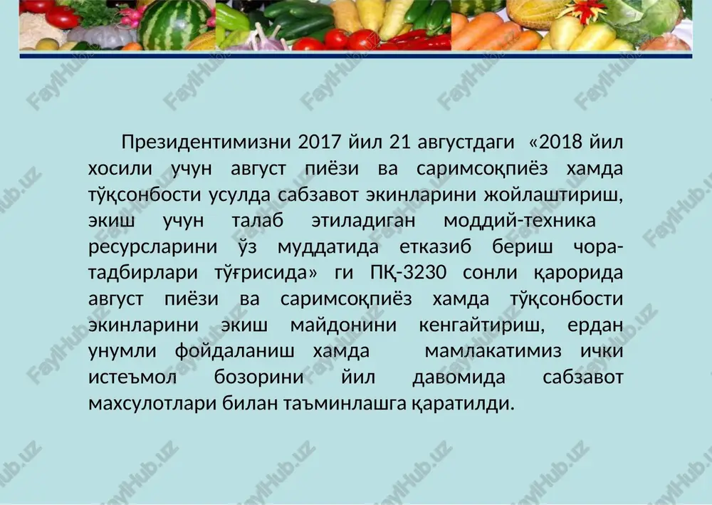 lgan egatlar ustidan chirigan mahalliy o'g'itlar yoki daraxt qipiqlari bilan mulchalash yoki shaffof polietilen plyonkalarini yopish yaxshi samara beradi. sabzavot urug'larini erta ko'klamda barvaqt unib chiqib, jadal o'sib rivojlanishida 25-30 kun ildamlik bo'ladi, hosildorligi esa 15-20 foizga ortiqroq bo'ladi. plyonkani erta baxorda yopiladi. * solinadigan mineral o'g'itlar miqdori ekin turi xosildorlik t/ga mineral o'g'it, kg/ga n r k sabzi 30 220 150 50 piyoz 40 200 150 75 osh lavlagi 45 200 150 50 ko'kat sabzavotlar 20 100 75 50 * brokolli etishtirish ekish muddati: janubiy viloyatlarda 1-10 dekabr; ekish sxemasi: 70x30sm va 70x40 sm. ekish me'yori: ekish sxemasidan kelib chiqib 35714- 47619 dona ko'chat ekiladi. ekish uchun tavsiya etiladigan navlar: agassi f1, geraklion f1, naksos f1, maraton f1 duragaylari tavsiya etiladi. o'g'itlash: sof holda azot 240 kg/ga, fosfor 160 kg/ga, kaliy 100 kg/ga. sug'orish: brokollini o'suv davri davomida jami 5-6 marta, gektariga 500-550 m3 me'yorida sug'oriladi. parvarishlash: ko'chat ekilib …