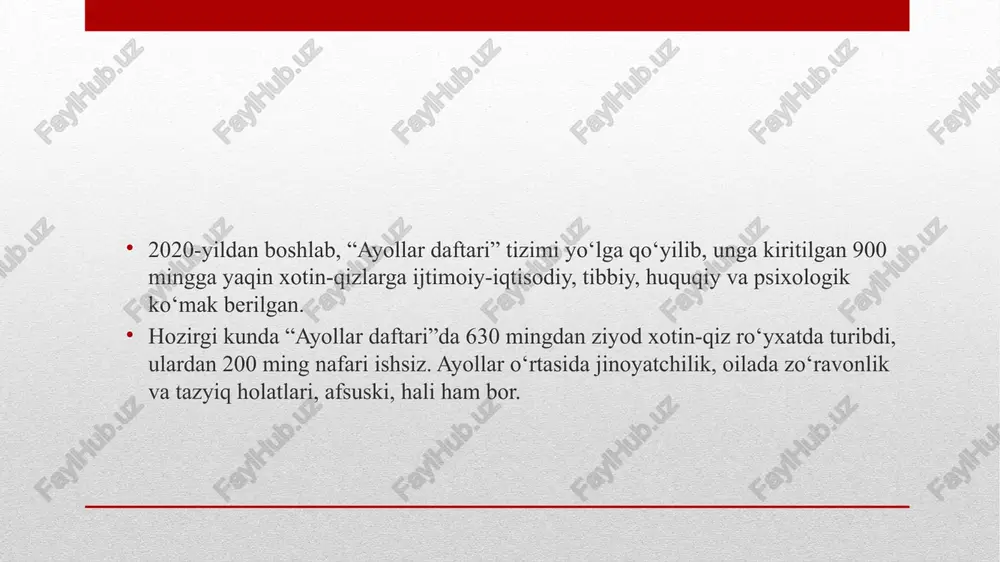 nchilik palatasidagi deputat xotin-qizlar 16 xalq deputatlari viloyat kengashi deputati 29 nafar 68 nafar “zulfiya” nomidagi davlat mukofoti sovrindorlari “mo''tabar ayol” ko'krak nishoni sovrindorlari surxondaryo viloyati olimalari fan doktorlari 2 nafar 2018 50 nafar 2022 102 nafar turli sohalarda rahbarlik lavozimlarida faoliyat ko'rsatib kelayotgan ayollar 1139 oliy ma'lumotli 1139 nafari (100%) 11 nafari (9,6 %) magistr bosqichini tamomlagan srxondaryo viloyatining ijodkor ayollari o'zbekiston yozuvchilar uyushmasi a'zolari 6 nafar ijodkor ayollar 260 nafarga yaqin davlat mukofoti olgan ijodkor ayollar 11 nafar xalqaro badiiy nashrlarda 46 dan ziyod sportning turli yo'nalishlari bo'yicha jahon va osiyo chempioni bo'lgan qizlarimiz 40 dan ziyod surxondaryo viloyatida muvaffaqiyatli amalga oshirilgan loyihalar xotin-qizlar tadbirkorlik markazlari tomonidan 2150 nafar xotin-qizlar biznes g'oyalarini qo'llab-quvvatlandi “biznes ayol” dasturi doirasida 1608 nafar xotin-qizlar “ishga marhamat” mono-markazi mahalla aholisini kasb-hunarga o'qitish maskanlarida o'qitildi. bir nafar usta hunarmandga o'n nafar shogird “ustoz-shogird” an'anasi 30 nafar usta-hunarmand 352 nafar xotin-qizlar shogird 905 nafar usta-hunarmand …