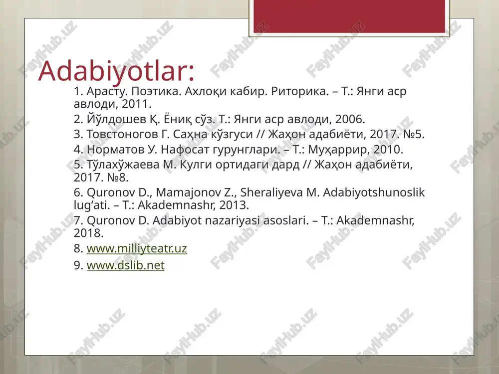 rdagi obrazlar tizimini tahlil qiling. 4-topshiriq. asar gʻoyasi va ramziylik belgilarini tahlil qiling. 5-topshiriq. oʻzbekiston teatrlari (kamida 2 ta) repertuaridagi komediyalar haqida ma’lomot yigʻing va fikr-mulohazalaringizni bildiring. image2.jpeg image3.jpeg image4.jpeg image5.jpeg image6.emf prp run) cet a oe ie xe gn penarca radud. “se 'hoctmodephy3m. iomop “sewanos sotera xai & sanuuunuk arzon tun! jlkypohob, 3.mamaxkohob, m.wepanmeba ss a, rp ocmimik ai si) ee ae ymapami hopmatob haqbocam eypyneaapu <¥ ne iw! se 6-seminar mavzusi uchun mashgʻulot : hozirgi komediyalarda yutuq va kamchiliklar 1-mashgʻulot. ma’ruza matni va koʻrsatilgan, shuningdek, mavzuga aloqador qoʻshimcha adabiyotlardan foydalanib rejalar boʻyicha kospekt qiling: a) komediyaning mohiyati ; b) hozirgi oʻzbek komediyalari adabiy tanqid nigohida; c) oʻzbek teatr sahnalarida qoʻyilayotgan komediyalar. 2-mashgʻulot. a.qahhor, s.ahmad, uyg'un, sh.boshbekov, e.vohidov, e.xushvaqtov asarlari bibliografiyasini tuzing ( komediyalar doirasida). 3-mashgʻulot. adabiyotshunoslikka oid bosma , elektron lugʻatlardan foydalanib, komediya va uning turlari haqida ma’lumot toʻplang. /docprops/thumbnail.jpeg xorijiy flologiya f o'zbek filologiya: lkurs hozirgi adabiy …