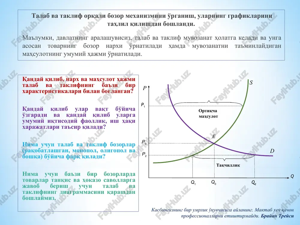 a taklif miqdorining o'zgarishi deyiladi. 5-rasm. taklifdagi va talabdagi o'zgarishnatijasidagi yangi muvozanat grafigi taklif va talab egri chiziqlari bunday o'zgarishlar oqibatini tahlil qilishga yordam beradi. 5-rasmda ham talab, ham taklif chiziqlarining o'ngga siljishlari keltirilgan. talab va taklif funksiyalari freepik.com taklif miqdori narxdan tashqari boshqa omillarga ham bog'liqdir: ishlab chiqarish texnologiyasi, (texnologiya darajasining o'sishi, taklif chizig'ini o'ngga siljitadi, nima uchun deganda, yangi texnologiya ishlab chiqarish xarajatlarini kamaytiradi va ishlab chiqaruvchi berilgan narxda ko'proq mahsulot ish-lab chiqarish imkoniyatiga ega bo'ladi); resurslar narxi (resurslar narxi oshganda, ishlab chiqarish xarajatlari oshadi, natijada berilgan narxda ishlab chiqaruvchi kamroq mahsulot ishlab chiqarib, taklif qiladi, natijada taklif chizig'i chapga siljiydi, resurslar narxi kamayganda, yuqoridagi holatning aksi bo'ladi, ya'ni taklif oshadi, natijada taklif chizig'i o'ngga siljiydi); ushbu mahsulotni ishlab chiqaruvchilar soni oshganda (ishlab chiqaruvchilar sonining oshishi, umumiy taklif chizig'ini o'ngga siljitadi); soliqlar va dotatsiyalar (soliqning ortishi natijasida, taklif qilinadigan mahsulot miqdori kamayadi, shu sababli taklif chizig'i chapga siljiydi; …