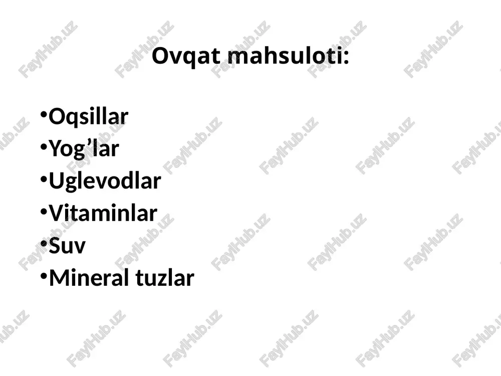 alar mavjud helicobacter pylori uorren va marshal 2005 yil nobel mukofotini berishgan oshqozonni tekshirish usullari: zondlash rentgenografiya endoskopiya uzi radioelektron usul moddalar va energiya almashinuvi yosh xususiyatlari va gigienasi. vitaminlar. bolalar va o’smirlarning ovqatlanish tartibi va uni tashkil etish. bolalar va o’smirlarning ovqatlanish gigiyenasi reja ovqatlanish, oqsillaming ahamiyati. bolalar va o’smirlarning ovqatlanish tartibi va uni tashkil etish. ovqatning sifat miqdori va kuchlilik ahamiyati. muvozanatlangan ratsion tuzishning amaliy ahamiyati. bolalar va o’smirlarning ovqatlanish gigiyenasi. ovqatdan zaharlanish. zaharlanish belgilari va hillari. . bolalar va o‘smirlarnmg kundalik enrgiyaga, oqsil, yog’ va karbonsuvlarga bo’lgan ehtiyoji. yog’larning ahamiyati. uglevodlarning ahamiyati. vitaminlar va ularning ahamiyati. mineral moddalar va ularga boigan ehtiyoj. modda almashinuvining mohiyati modda almashinuvi hayot uchun xos bo'lib, turli moddalarning tashqi muhitdan organizmga ki-rishi,ularning o'zlashtirilishi, o'zgartirili-shi va hosil bo'lgan parchalanish maxsulotlari-ning organizmdan chiqarilishidan iboratdir. modda almashinuvi oqibatida xujayra struk-turalari uzluksiz yangilanadi va parchalanadi. kimyoviy birikmalar parchalanishi tufayli ulardagi potentsial energiya:kinetik, issiqlik, mexanik va elektr …