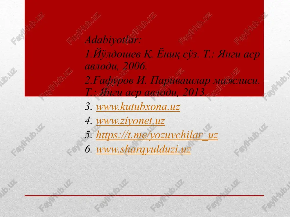 thumbnail.jpeg xorijiy flologiya fakulteti o'zbek filologiyasi kafedrasi 1-kurs hozirgi adabiy jarayon yoshijodkorlar vaulaming adabiy jarayondagi o'mi (2-dars)