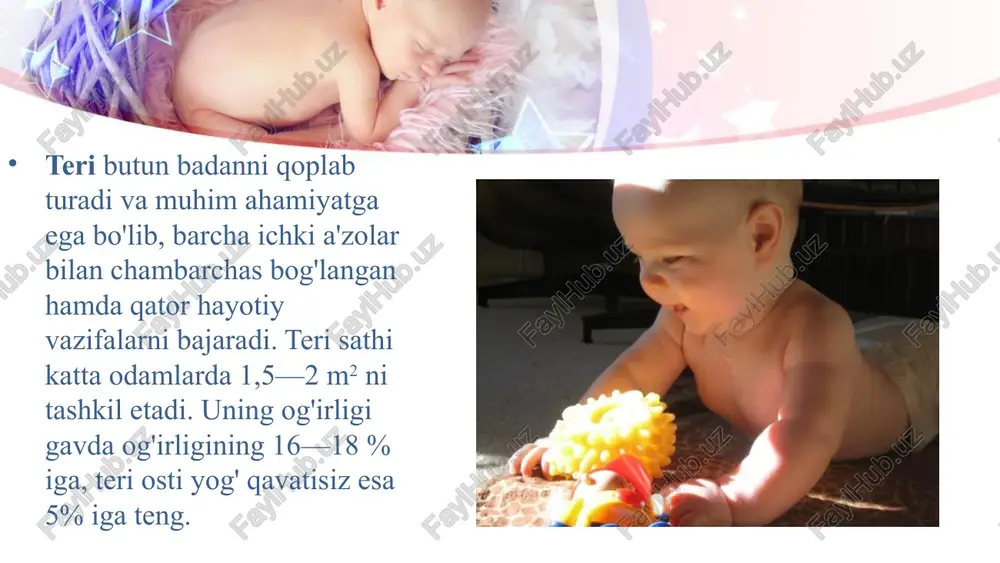 iya klinik turlari epidermal dermal epidermodermal akantoz, giperkeratoz dermaning surgichsimon qavatida yalligli infiltrat papillomatoz , almashuv moddalarning tuplanishi akantoz ,granulez , giperkeratoz , dermaning surgishsimon qavatida infiltrat miliarniye lentikular,numullar,har hil shakkli va konsistenciyali tugunchqalar va pilakchalar turi gistopatologiya yalligli yalligsiz derma va gipodermaning chuqur qavatlarining produktiv yalliglanishi almashuv moddalarning tuplanishi ( holesterin ,kalciy ) –almashuv natijasida usimtalar hujayralarning klonini proliferaciyasi tugunlarning turlari obrazets teksta vtoroy uroven tretiy uroven chetvertiy uroven pyatiy uroven e’tiboringiz uchun rahmat! image2.jpeg image4.jpeg image5.jpeg image6.jpeg image7.jpeg image8.gif image9.jpeg image10.jpeg image11.jpeg image12.jpeg image13.jpeg image14.gif image1.jpeg layers from skin to deep fascia rma) luft stratum disjunctum oe stratum corneum es 5 2 stratum lucidum sb stratum granulosum &° stratum spinosum melanozyten stratum basale qs— stratum papillae |\\ / ess ruttnisches tk u & 7 a 3 8 stratum reticulare 2s adipéses fett a 2 nerven, blutgefaibe bs vater pacinisches tk = s _bindegewebsstrange faszien, sehnen, knochen 500-1500 pm …