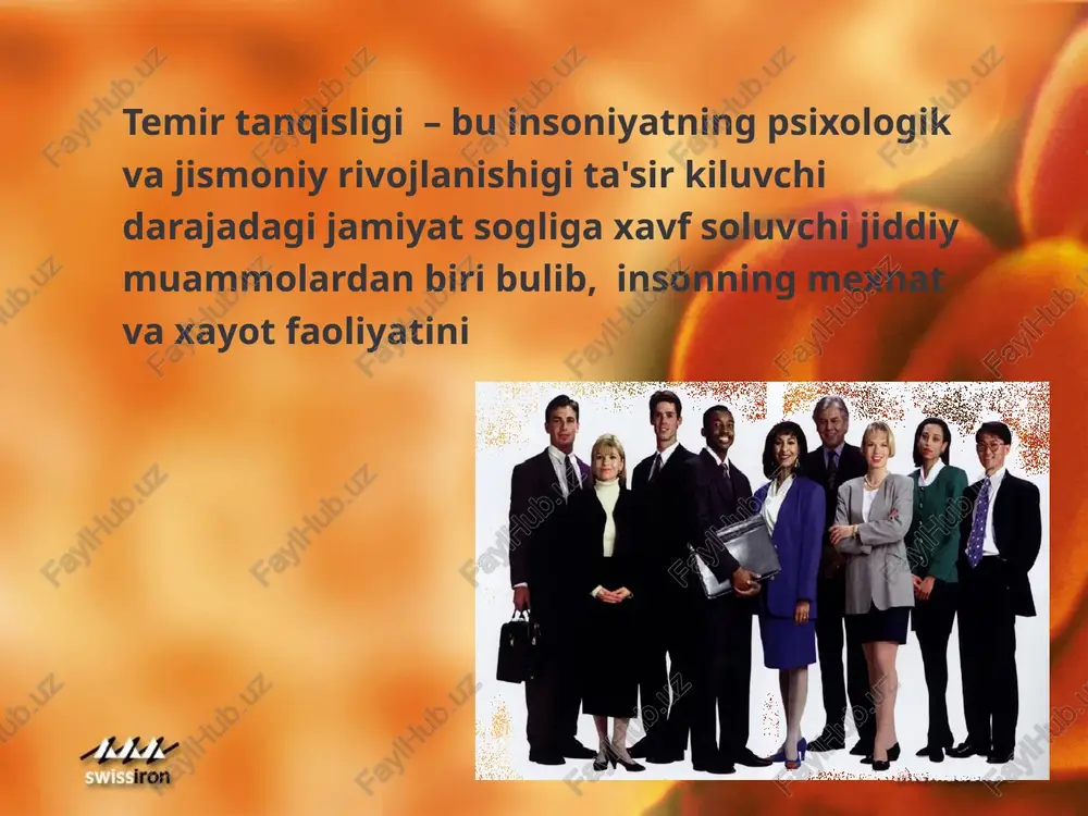 aylanishi; kuloklarda shovkin, kuz oldi jimirlashi yurak tez urishi, yurak soxasida noxushlik. 19 20 temirtankislikanemiyasidateridagiuzgarishlar temirga bo'lgan talab (mg/den) xomila birinchi ikkinchi uchinchi tug`ruqdan keyingi dorlilikgacha uch oylik uch oylik uch oylik davr 0 7 6 5 4 3 2 1 mensturatsiya eritrotsitlar laktatsiya mensturatsiya temir yo'qotilishi xomila ayollarning temirga bo'lgan talabi xomiladorlikgacha, xomiladorlik vaqtida va xomiladorlikdan so'ng xomiladorlikni normal kechishini ta'minlash uchun 1000 mg temir zarur 21 vo vremya beremennosti znachitelnoe snijenie zapasov jeleza mojet vozniknut bolee, chem u polovini jenshin, kotorie ranee ne stradali anemiey. potrebnosti beremennoy jenshini v jeleze skladivayutsya iz sobstvenno potrebnostey jenshini (240 mg), zatrat, vizvannix uvelicheniem chisla eritrotsitov (500 mg jeleza), a takje potrebnostey ploda i platsenti (300 mg), v obshey slojnosti 1000 mg (voz, 1970 g). v sluchae, esli pervonachalnie zapasi v organizme jenshini sostavlyayut, kak minimum, 200 mg, to velichina dopolnitelnix potrebnostey v jeleze ravnyaetsya 800 mg. fakticheski, eti potrebnosti voznikayut vo …