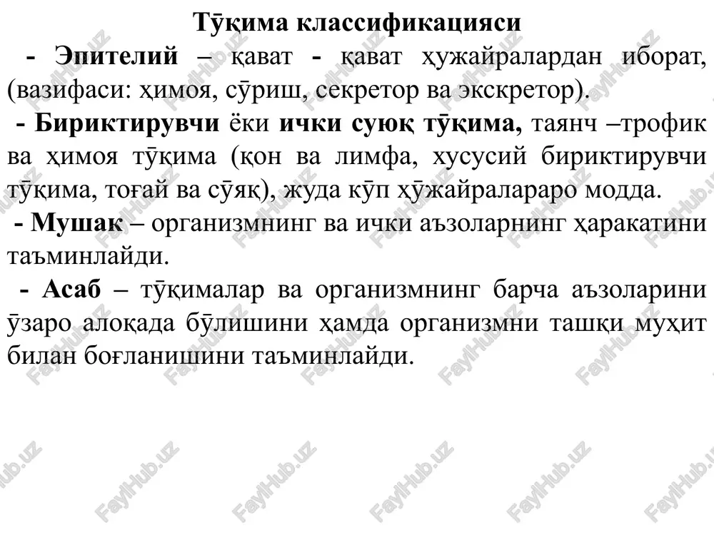 ajratish tizimining epiteliysi, mezoteliy (tselonefrodermal tip). 4. nerv nayidan – vistilaet jeludochki golovnogo mozga i kanal spinnogo mozga (ependimoglial tipi). 5. mezenximadan – vistilaet kameri serdtsa, krovenosnie i limfaticheskie sosudi angiodermal tipi. bir qavatli yassi epiteliy endoteliy va mezoteliyga bӯlinadi. endoteliy mezenximadan rivojlanib, yurak kameralarini, qon va limfa tomirlarini ichki tomondan qoplaydi. endoteliya hujayralari ya'ne endoteliotsitlar ma'lum bir shaklga ega emas, chekka qismlari qirqilgan bӯladi. endoteliya vazifasi qon va atroya muhitdagi tӯqimalar orasida moddalar almashinuv jarayoniini ta'minlaydi. endoteliy hujayralari yaralansa, qon tomirlarida tromb hosil bӯlishiga olib keladi va qon tomirlarining ichki qismi bekilib qoladi. mezoteliy splanxnotoma varaqlaridan rivojlanadi, qorin pardasining parietal va vistseral varaqlarini, yurak oldi xaltasini qoplab turadi. mezoteliy hujayralari tepa tomondan yassi bӯlib, ma'lum shaklga ega emas va chekka qismlari qirqilgan. mezoteliyning vazifasi silliq bӯlganligi sababli ichak peristaltikasida, yurakning qisqarishi, ӯpkada nafas almashinuvida, a'zolarinng sirpanma harakatlarida muhim rol ӯynaydi, hamda a'zolarning ӯzaro yopishib qolmasligini ta'minlaydi. bir qavatli yassi …