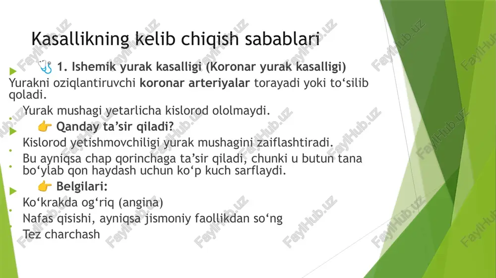 10. noto‘g‘ri turmush tarzi, stress doimiy ruhiy bosim, yomon ovqatlanish, jismoniy faollik yetishmasligi. 👉 qanday ta’sir qiladi? yurakka bevosita va bilvosita zarar yetadi (gipertoniya, diabet, semizlik keltirib chiqaradi). yurakning normal ishlashi izdan chiqadi. asosiy belgilari nafas qisishi (dyspnea) chap qorincha yetishmovchiligi bo'lgan bemorlarda nafas qisishi (dyspnea) eng keng tarqalgan simptom hisoblanadi. bu holat o'pka shishishi (pulmonary edema) tufayli yuzaga keladi, chunki chap qorincha samarali ishlamaganligi sababli qonning kislorod bilan boyitilgan qismi o'pka tomirlarida to'planadi. bu suyuqlik o'pka to'qimalariga o'tib, ularning ishlashini yomonlashtiradi va nafas olishda qiyinchilik tug'diradi. belgilari: boshlanishi oson, asta-sekin og'irlashib boradigan nafas qisishi. kichik jismoniy faoliyatda ham nafas olishning qiyinlashishi. kechasi yoki yotgan holatda nafas olishning og'irlashishi (ortopneya). o'pka shishishi (pulmonary edema) chap qorinchaning zaif ishlashi natijasida o'pka tomirlarida bosim ortadi. bu bosimning ortishi o'pka to'qimalariga suyuqlikning to'planishiga olib keladi, bu esa nafas olishni yanada qiyinlashtiradi. belgilari: qattiq nafas olish, shovqinli nafas olish (ortopneya). jismoniy faollikning pasayishi, nafas …