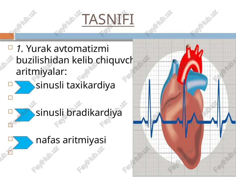 nusini oshiradi yoki simpatik nervni susaytiradi. 2) gumoral- asetilxolin, o’t kislotalari yurak avtomatizmini susaytiradi. sinusli-nafas aritmiyasi sinus aritmiyasi- sinus tugunidan kelayotgan impulslar orasidagi davrning doimiy bo’lmasligi oqibatida kelib chiqadi. nafas aritmiyasi- adashgan nerv tonusining nafas olish jarayonida o’zgarishi tufayli kelib chiqadi. etiologiyasi: ko’pincha fiziologik xarakterda, uyqu vaqtida kuzatiladi. patologik- n. vagus va yurak markazlari qo’zg’alishi sababli. patogenezi : afferent impulsatsiya bn bog’liq. ektopik (geterotop) aritmiya tugunli (atrio-ventrikulyar) ritm: yurak urishi soni minutiga 40-60 tadan kam. etiologiya va patogenezi. vagus nervini tonusi birdaniga ortganda sinus tuguni so’nishi kuzatiladi. sababi sinus tugun shikastlanishi hisoblanadi. boshqaruvchi ritm atrio- ventrikulyar tugun hisoblanadi. idioventrikulyar (qorincha) ritm : yuqs birdaniga qisqarishi minutiga 30-10 ta kuzatiladi. etiologiya va patogenezi. sinus va atrio-ventrikulyar tugun shikastlanishi sababli rivojlanadi. boshqaruvchi ritm qorinchlar avtomatizmi markazi hisoblanadi. bu gemodinamikani o’zgarishiga olib keladi. spasibo za vnimanie!!! image3.jpeg image4.gif image5.jpeg image6.gif image7.jpeg image8.jpeg image9.jpeg image10.jpeg image11.gif image12.jpeg image13.jpeg image14.jpeg image15.jpeg (mm pt. cr. g …