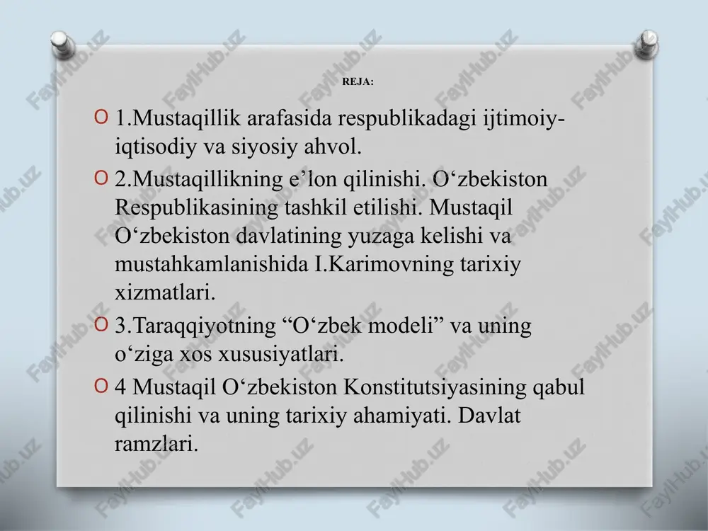 espublikasi oliy kengashining navbatdan tashqari o'tkazilgan vii sessiyasida 1991-yil 18-noyabr kuni tasdiqlangan. o’zbekiston respublikasining davlat boshqaruvi prezidentlik respublikasi o’zbekiston respublikasi prezidenti islom karimov. o'zbekiston respublikasi konstitutsiyasining qabul qilinishi o'zbekiston respublikasining yangi konstitutsiyasini ishlab chiqish g'oyasi oliy kengashning 1990 yil 20 iyunda bo'lib o'tgan 2- sessiyasida ilgari surilgan. sessiyada prezident i.a.karimov raisligida 64 kishidan iborat konstitutsiya loyihasini tayyorlash bo'yicha komissiya tuzish to'g'risida qaror qabul qilindi. 1992 yil bahorida konstitutsiya loyihasining 149 ta moddadan iborat yangi varianti ishlandi va u 1992 yil 26 sentabrda umumxalq muhokamasi uchun matbuotda e'lon qilindi. qariyb ikki oy davom etgan umumxalq muhokamasidan so'ng bildirilgan taklif va mulohazalar umumlashtirildi va loyiha ushbu taklif va mulohazalar asosida qayta tuzatilib, 1992 yil 21 noyabrda muhokamani davom ettirish uchun 2-marotaba matbuotda e'lon qilindi. 1992 yil 8 dekabrda 12- chaqiriq o'zbekiston respublikasi oliy kengashining to'qqizinchi sessiyasida 6 bo'lim, 26 bob, 128 moddadan iborat o'zbekiston respublikasi konstitutsiyasi qabul qilindi. o'zbekiston respublikasining prezidenti o'zbekiston …