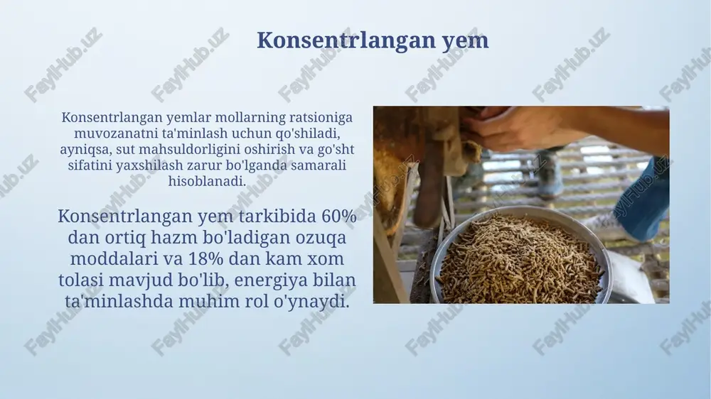 shimchalar mol go'shti uchun mineral bloklar, tarkibida 5-10% oltingugurt bo'lgan, ozuqani qayta ishlashni rag'batlantiradi, mikroorganizmlarning sintezini yaxshilaydi va chorva mollarining ozuqadan foydalanishini optimallashtiradi. mineral qo'shimchalar, masalan, dikalsiy fosfat va ohaktosh, mol go'shtining suyak zichligini oshiradi va 10-20% ga yuqori o'sish sur'atlarini ta'minlaydi, ayniqsa intensiv chorvachilikda zarur. yemni saqlash va ishlatish yemlarni ishlatishda chorva mollarining yoshini, fiziologik holatini va mahsuldorligini hisobga olish lozim. masalan, sog'in sigirlarga energiya va protein miqdori yuqori bo'lgan yemlar beriladi. yemlarni saqlashda namlik darajasi 14% dan oshmasligi kerak, aks holda zamburug'lar rivojlanib, ozuqaviy qiymati pasayishi mumkin. saqlash joyi shamollatilishi va toza bo'lishi shart. e'tiboringiz uchun rahmat @taqdimot_robot image4.png image6.jpg image7.jpg image8.jpg image9.jpg image10.jpg image11.jpg image12.jpg image13.jpg image14.jpg image15.jpg image16.jpg image17.jpg image3.jpeg