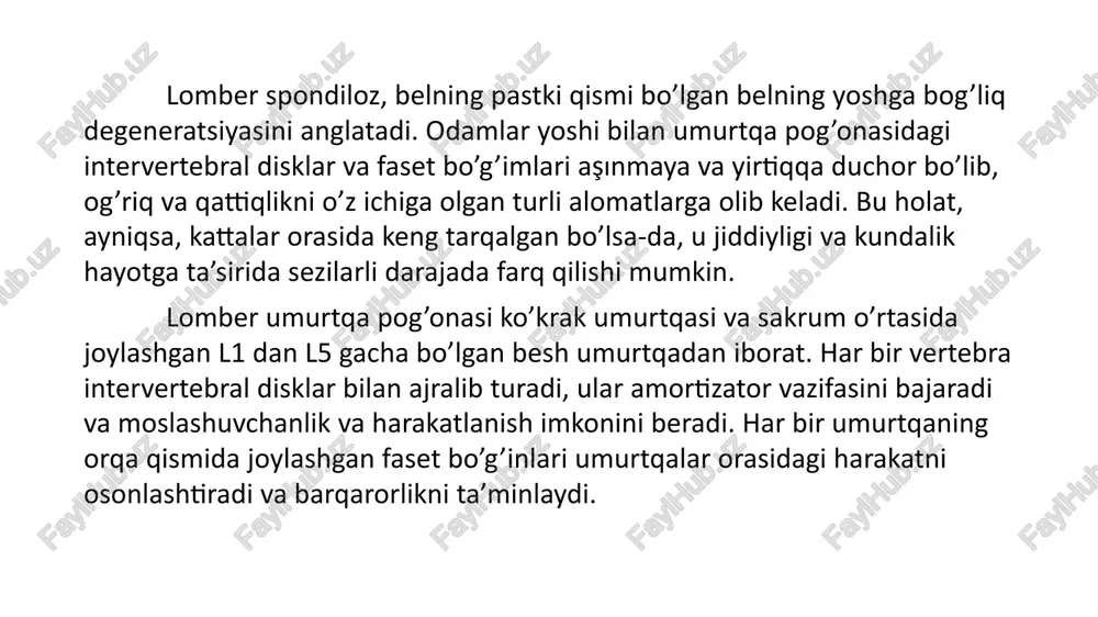 a darajasini ko’rish va boshqa holatlarni istisno qilish uchun ishlatilishi mumkin. lomber spondilozni davolash mumkin bo’lmasa-da, bir nechta davolash usullari simptomlarni boshqarishga yordam beradi: jarrohlik variantlari: jarrohlik odatda konservativ davoga javob bermaydigan va sezilarli funktsional buzilishlarga duchor bo’lganlar uchun oxirgi chora hisoblanadi. jarayonlar quyidagilarni o’z ichiga olishi mumkin: laminektomiya: orqa miya yoki nervlarga bosimni bartaraf etish uchun umurtqaning bir qismini olib tashlash. orqa miya sintezi: barqarorlikni ta’minlash uchun ikki yoki undan ortiq umurtqalarni birlashtirish. spondiloartroz - bu xaftaga, suyak to'qimalariga, ligamentlarga va periartikulyar mushaklarga ta'sir qiluvchi intervertebral bo'g'imlarning degenerativ lezyoni. kasallikning belgilari o'ziga xosdir: bemorlar o'tkir og'riqlar, umurtqa pog'onasining harakatchanligi va ekstremitalarning uyquchanligidan aziyat chekishadi. patologiyani davolash revmatologlar, ortoped-travmatologlar va nevrologlar tomonidan amalga oshiriladi. murakkab spondiloartroz intervertebral bo'g'imlarning yo'q qilinishiga olib kelishi mumkin. ko'rib chiqilayotgan kasallik artrozning turlaridan biridir. orqa miya faset bo'g'imlarida degenerativ o'zgarishlar sodir bo'ladi. patologiya qo'shma to'qimalarning yoshga bog'liq o'zgarishlari, umurtqa pog'onasining travmatik lezyonlari, ortiqcha jismoniy faollik …
