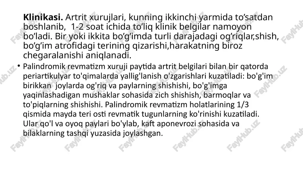 moyon bo‘lgan, tez va samarali yaqqol namoyon bo‘lgan musbat, lekin yaqqol namoyon bo‘lmagan yoki kam samarali 7 palindrom revmarizm diagnostikasi bo‘g‘imlardagi lokal og‘riq va shish, odatda bir necha soat yoki kun davom etadi, so‘ng iz qoldirmasdan yo‘qoladi. bo‘g‘imlarning o‘ta sezgirligi va shishishi. takrorlanib turadigan (palindrom) xurujlar. yallig‘lanish jarayoni boshqa tizimlarga (visseral organlarga) ta’sir qilmaydi. revmatoid artritga xos bo‘lgan doimiy deformatsiyalar kuzatilmaydi. laborator va instrumental tekshiruvlar revmatoid omil (rf): ko‘pchilik bemorlarda manfiy yoki past darajada bo‘ladi. anti-ccp (antitsitrullin antitanachalari): odatda manfiy yoki past darajada. umumiy qon tahlili: oq qon hujayralari soni me’yorda yoki biroz oshgan bo‘lishi mumkin. eritrotsitlar cho‘kish tezligi (echt) va c-reaktiv oqsil (crp): ba’zi hollarda yallig‘lanish jarayonida me’yordan biroz yuqori bo‘lishi mumkin. rentgen: bo‘g‘imlarning tuzilishida doimiy o‘zgarishlar kuzatilmaydi. ultratovush (uzi) yoki mri: yallig‘lanish mavjudligini aniqlash uchun qo‘llaniladi, ammo tuzilma buzilishlari aniqlanmaydi. palindrom revmatizmni davolash palindrom revmatizmning davosi simptomatik bo‘lib, yallig‘lanish epizodlarini kamaytirish va revmatoid artritga o‘tishining oldini olishga qaratilgan. …