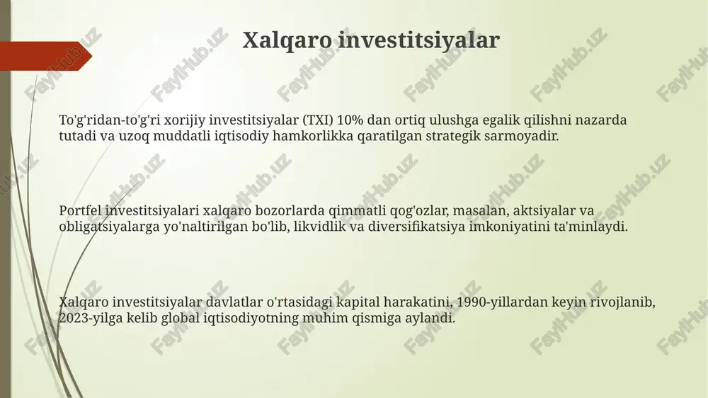 iyosiy beqarorlik va tartibga solishdagi tafovutlar tufayli 2008-yilgi inqirozga o'xshash xavflarni ham keltirib chiqaradi. xalqaro moliya bozorlari valyuta kurslarining o'zgarishi, foiz stavkalari va aktivlarning bahosiga ta'sir etuvchi transmilliy kapital harakatlarini o'z ichiga oladi. xalqaro moliya tizimining tuzilishi jahon banki rivojlanayotgan davlatlarga qarzlar, grantlar va texnik yordam berish orqali qashshoqlikka qarshi kurashadi hamda doimiy iqtisodiy o'sishni qo'llab-quvvatlaydi. xalqaro valyuta fondi (xvf) global moliyaviy barqarorlikni ta'minlash uchun a'zo davlatlar bilan iqtisodiy siyosat bo'yicha maslahatlashuvlar olib boradi va kreditlar ajratadi. xalqaro hisob-kitoblar banki (bis) markaziy banklar o'rtasida hamkorlikni kuchaytiradi, moliyaviy barqarorlikni oshiradi va pul-kredit siyosatini muvofiqlashtirishga yordam beradi. xalqaro moliya fanining predmeti u valyuta kurslari dinamikasi, foiz stavkalari o'zgarishi hamda xalqaro to'lov balansini shakllantiruvchi omillarning moliyaviy ta'sirini tahlil qiladi. xalqaro moliya fanining predmeti davlatlararo moliyaviy munosabatlar, xalqaro tashkilotlar (imf, wb) faoliyati va ularning global iqtisodiyotga ta'sirini qamrab oladi. xalqaro moliya fanining predmeti transmilliy korporatsiyalarning (tnk) kapital harakati, investitsiyalari va dividendlarni repatriatsiya qilish mexanizmlarini …