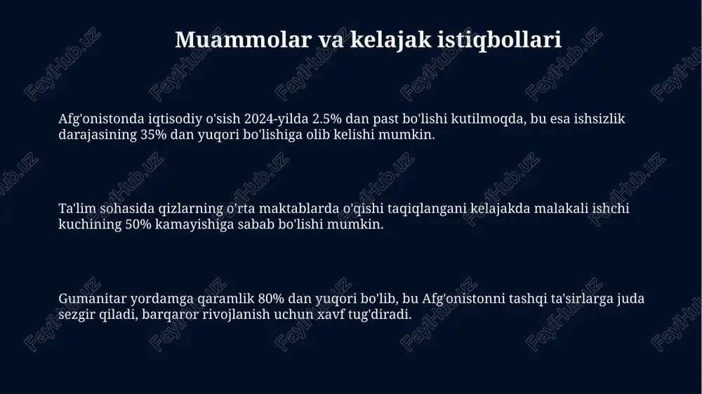 grafiya va iqlim mamlakat iqlimi kontinental boʻlib, yoz oylarida harorat 49 daraja selsiygacha koʻtariladi, qishda esa -25 daraja selsiygacha tushishi mumkin, yogʻingarchilik miqdori 250 mm atrofida. afgʻonistonning 75% dan ortiq qismi togʻlardan iborat boʻlib, hindukush togʻ tizmasi mamlakat boʻylab shimoli-sharqdan janubi-gʻarbga qarab oʻtadi, balandligi 7000 metrdan oshadi. afgʻoniston markaziy osiyoda joylashgan boʻlib, eron, pokiston, turkmaniston, oʻzbekiston, tojikiston va xitoy bilan chegaradosh; uning strategik geografik joylashuvi muhim ahamiyatga ega. kirish kirish afg'onistonning siyosiy, iqtisodiy va ijtimoiy kontekstini belgilab beruvchi muhim tarixiy voqealar va asosiy tendentsiyalarni muhokama qiladi. kirish, odatda, afg'onistonning geografik joylashuvi, etnik xilma-xilligi va mintaqaviy ahamiyati kabi asosiy ma'lumotlarni taqdim etadi. kirish afg'onistonning murakkab muammolari, jumladan, urush, qashshoqlik, hukumat boshqaruvidagi qiyinchiliklar va xorijiy aralashuvlar haqida qisqacha ma'lumot beradi. e'tiboringiz uchun rahmat @taqdimot_robot image4.jpeg