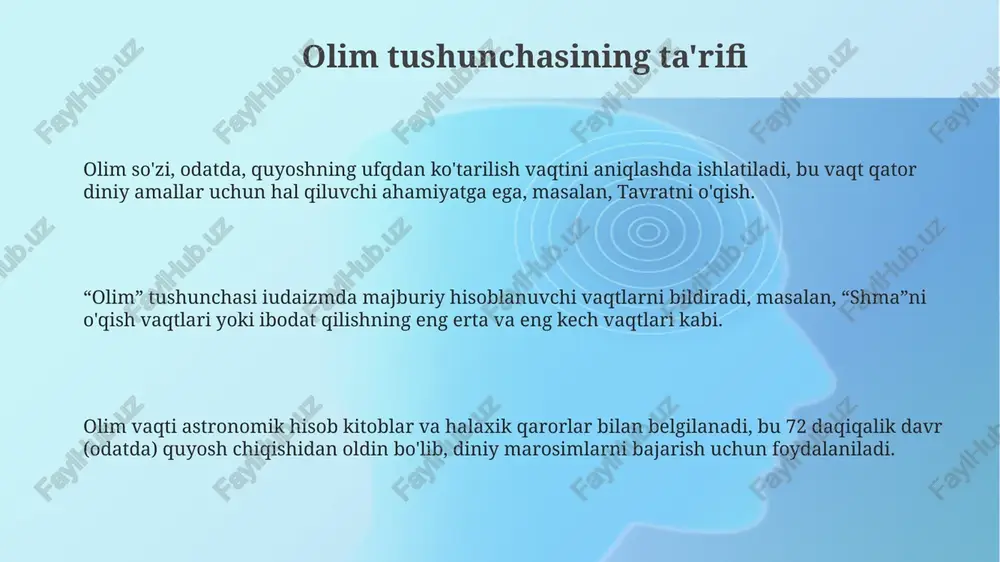 ng tushishi bilan kunning vaqtini aniqlash mumkin edi, xatosi esa ob-havoga bog'liq bo'lgan. astrolablar astronomik asboblar bo'lib, ular yulduzlarning balandligini o'lchash orqali vaqtni aniqlashga yordam bergan, koordinatalari ma'lum hududlar uchun aniqlik bergan. diniy matnlarda olim vaqti ba'zi diniy matnlarda olimning vaqti uning ilmiy merosi, xususan, yozgan asarlari keng tarqalib, foyda keltirishi davri bilan belgilanadi. ko'plab manbalarda olimning ta'siri uning o'limidan so'ng 100 yildan ortiq davom etganligi, uning ilmiy maktabi va metodologiyasi saqlanib qolganligi bilan ifodalanadi. olimning vaqti, shuningdek, uning shogirdlari tomonidan ilm-fanning rivojlanishiga qo'shgan hissasi, masalan, 40 yil o'tgach ham e'tirof etilishi bilan o'lchanadi. olim vaqtini aniqlashning amaliy ahamiyati olim vaqtini aniqlash, ramazon oyida saharlikni yakunlash va iftorlikni boshlash vaqtini aniq belgilash uchun juda muhim, bu esa ro'zadorlarning ibodatlarini to'g'ri bajarishiga yordam beradi. qishloq xo'jaligida olim vaqtini bilish, ekinlarni ekish va yig'ishtirish vaqtini aniqlashda katta ahamiyatga ega, chunki bu vaqt dehqonchilik ishlarining muvaffaqiyatini belgilaydi. astronomik kuzatuvlar vaqtida olim vaqtini aniq …