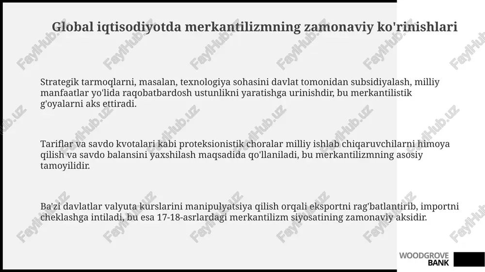 woodgrove bank merkantilizmning ijtimoiy ta'siri merkantilistik siyosat, xususan, koloniya qullari mehnati bilan bog'liq bo'lgan foydalar, ekspluatatsiyani kuchaytirdi va ijtimoiy adolat muammolarini yanada chuqurlashtirdi, bu esa 17-18-asrlarda keskinlikka olib keldi. merkantilizm tufayli ishchilar soni ortishi bilan, ayniqsa, 16-18-asrlarda kambag'allik va ijtimoiy notenglik darajasi sezilarli ravishda oshdi, chunki ish haqi past edi. davlat tomonidan qo'llab-quvvatlangan manufaktura va savdo kompaniyalari o'rta sinfning boyishiga yordam berdi, lekin dehqonlar va hunarmandlar kabi boshqa guruhlar iqtisodiy jihatdan chetda qoldilar. woodgrove bank davlatning aralashuvi va proteksionizm proteksionizm, ayniqsa tariflar orqali, mahalliy sanoatni himoya qilishga qaratilgan. misol uchun, importga 20% soliq solish mahalliy ishlab chiqaruvchilarga raqobatdosh ustunlik beradi. davlat subsidiyalari va monopoliyalar yaratish orqali proteksionizm, 17-asrda fransiya kabi davlatlarda keng qo'llanilgan, bu esa ba'zi sohalarni rivojlantirishga yordam bergan. merkantilizm davlatning iqtisodiy faoliyatga aralashuvini qat’iy talab qiladi, masalan, 1651-yilgi navigation act qonuni tashqi savdoni nazorat qilish uchun qabul qilingan. woodgrove bank adam smit va klassik iqtisodiyotning paydo bo'lishi smitning …