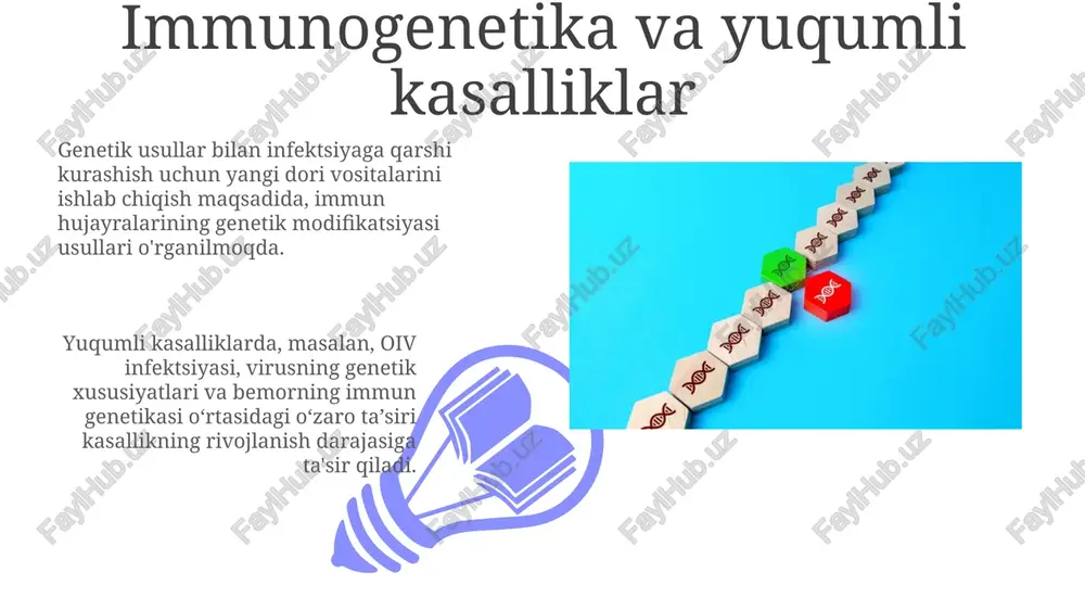 adagi zamonaviy usullar, masalan, ma'lumotlarni qazish algoritmlari 95% aniqlik bilan genlarni aniqlashga va ularning funktsiyalarini bashorat qilishga imkon beradi. bioinformatika 1000+ genom ma'lumotlarini tahlil qilishda katta ma'lumotlar tahlilidan foydalanadi, genetik kasalliklarni aniqlash va davolash uchun yo'llarni topishga yordam beradi. genetikaning yangi yo'nalishlari genom tahrirlash texnologiyalari, masalan, crispr-cas9, genlarni aniq o'zgartirish imkonini beradi, bu esa 3000 dan ortiq genetik kasalliklarni davolashga umid uyg'otadi. sun'iy biologiya organizmlarni yangi funksiyalar bilan loyihalash uchun 150 dan ortiq sintetik genlarni birlashtirib, yangi biomateriallar va davolash usullarini yaratishga qaratilgan. etik va ijtimoiy ta'sirlar 01 02 genetik tekshiruvdan o'tgan odamlar uchun maslahat xizmatlari adolatli va teng huquqli bo'lishi kerak, aks holda bu 50% ga yaqin kamroq resursga ega bo'lgan jamoalarning genetik tengsizligiga olib keladi. sales 1st qtr 2nd qtr 100 0 sales 1st qtr 2nd qtr 100 0 gen terapiyasi va shaxsiy tibbiyot gen terapiyasi orqali crispr-cas9 texnologiyasi 90% aniqlik bilan genlarni tahrirlashga imkon beradi, bu esa …