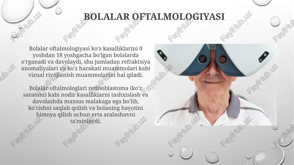 ida kelib chiqadi, bu esa ko‘rish nerviga zarar yetkazadi va asta-sekin periferik ko‘rishning yo‘qolishiga olib kelishi mumkin. ko'z shishlari ko'z shishlari ba'zan tiroid kasalliklari, xususan, graves kasalligi bilan bog'liq bo'lishi mumkin, bunda ko'z mushaklari va to'qimalarining yallig'lanishi ekzoftalm (ko'zning chiqishi) sabab bo'ladi. ko'z shishlari ko'pincha allergik reaksiyalar, masalan, pollenga allergiyadan kelib chiqishi mumkin, bunda immunitet tizimi noto'g'ri javob berib, yallig'lanishni keltirib chiqaradi. ko'zning yallig'lanish kasalliklari uveit - uvea yo'lining yallig'lanishi bo'lib, autoimmun kasalliklar bilan bog'liq bo'lishi mumkin, ko'rishni yo'qotish xavfini tug'diradi va kortikosteroidlar 4-6 hafta davomida tomchi yoki tabletka shaklida buyuriladi. keratit, ko'zning shox pardasi yallig'lanishi, herpes simplex virusi tufayli kelib chiqishi mumkin, ko'rishga xavf soladi va antiviral dorilar, masalan, asiklovirni 7-14 kun davomida qabul qilish talab etiladi. oftalmologiyada zamonaviy texnologiyalar vitreo-retinal jarrohlik robotlashuvi 0.1 mm aniqlikdagi harakatlar bilan operatsiya xavfsizligini oshiradi va murakkab retinal ajralishlarni muvaffaqiyatli davolashga imkon beradi. lazerli refraktiv jarrohlik, masalan, lasik va smile, ko'rishni to'g'rilash uchun …
