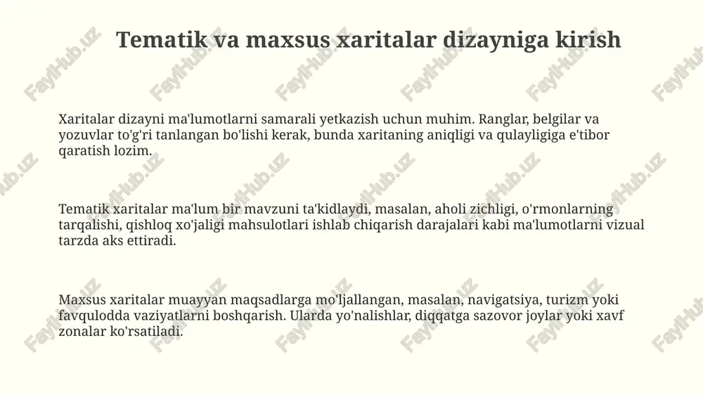 aga aniqlik kiritadi. xarita dizaynidagi tendentsiyalar va innovatsiyalar 3d xaritalash texnologiyalarining rivojlanishi, realistik vizualizatsiya va chuqur fazoviy tahlil imkoniyatlarini oshirmoqda, ayniqsa shaharlarni rejalashtirishda muhim rol o'ynamoqda. interaktiv xaritalar yaratish uchun veb-texnologiyalar (masalan, leaflet va mapbox gl js) ommalashib bormoqda, bu foydalanuvchilarga xaritalarni moslashtirish va ma'lumotlarni vizualizatsiya qilish imkoniyatini beradi. sun'iy intellekt va mashinaviy o'rganish usullari xarita dizaynida qo'llanilmoqda, masalan, xaritalarni avtomatik ravishda yaratish va geo-ma'lumotlarni tahlil qilish uchun. geologik xaritalar geologik xaritalar yer qobig'ining geologik tuzilishini, yoshini va tarkibini ko'rsatadi, unda tog' jinslari, tektonik buzilishlar hamda foydali qazilmalar 1:25,000 dan 1:1,000,000 gacha bo'lgan masshtabda aks etadi. geologik xaritalar foydali qazilma konlarini izlash va baholashda, qurilish loyihalarini rejalashtirishda va tabiiy ofatlarni (zilzilalar, ko'chkilar) baholashda 3d geologik modellar bilan birgalikda qo'llaniladi. ushbu xaritalar litologik tarkibi, stratigrafik bo'linmalari va tektonik elementlari bilan ajralib turadigan geologik tuzilmalarning tarqalishini tasvirlaydi va har bir geologik davr uchun rangli kodlash qo'llaniladi. topografik xaritalar topografik xaritalar yer relefini, …