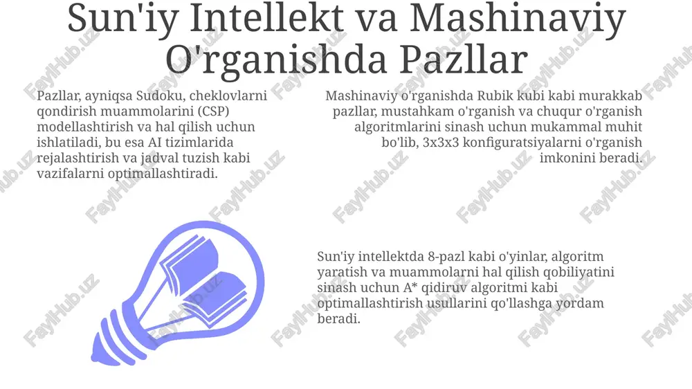 shga yordam beradi. ta'limda pazllardan foydalanish: kompyuter savodxonligini oshirish pazllar algoritmik fikrlashni rivojlantiradi, bu esa 10 qadamli masalani yechishda ketma-ketlikni aniqlash va 5 ta muhim qadamni ajratish kabi vazifalarda muhimdir. dasturlash tushunchalarini o'rgatishda pazllar muhim rol o'ynaydi, masalan, 8 qirollik masalasini yechish orqali rekursiya va 2d massivlar tushunchasini tushuntirish. kompyuter savodxonligini oshirishda pazllar muammoni hal qilish qobiliyatini shakllantiradi, bu esa 3 ta turli xil algoritmni solishtirish va eng samaralisini tanlash kabi vazifalarda zarur. pazllar va hisoblash muammolari: bog'liqlik boshqotirmalar, masalan, 8-puzzle, algoritmlarni loyihalash va baholash uchun qulay model bo'lib, a* kabi optimal yechimlarni topishda 15 qadamgacha bo'lgan murakkablikni namoyon etadi. sayohatchi sotuvchi muammosi (tsp) kabi optimallashtirish muammolari ko'p boshqotirmalarning asosiy tamoyillarini aks ettiradi, eng samarali yo'lni topish uchun taxminiy algoritmlarni qo'llashni talab qiladi. boolean qoniqish (sat) kabi np-to'liq muammolar sudoku kabi boshqotirmalar orqali ifodalanishi mumkin, bu esa murakkablik nazariyasi va muammolarni hal qilish strategiyalari o'rtasidagi aloqani ko'rsatadi. algoritmlarni loyihalash va …