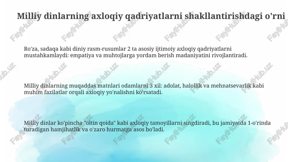 itini yaratishi mumkin, bu esa taraqqiyotga to'sqinlik qiladi. milliy dinlar va davlat o'rtasidagi munosabatlar: muvozanatni saqlash diniy tashkilotlar jamiyatda axloqiy qadriyatlarni targ'ib qilishda muhim rol o'ynaydi, lekin qonun ustuvorligini ta'minlash uchun davlat nazoratini 2021-yilgi qonun doirasida qabul qilishi lozim. milliy dinlar davlat bilan munosabatlarda konstitutsiyaviy chegaralarni hurmat qilishi shart, 1992-yilgi konstitutsiyaning 57-moddasiga muvofiq, siyosiy maqsadlarda foydalanmaslik lozim. davlat milliy dinlarga nisbatan betaraflikni saqlashi, barcha dinlarga teng sharoit yaratishi zarur, 14 ta diniy konfessiya orasida adolatli munosabatni ta'minlashi kerak. diniy bag'rikenglik va konfessiyalararo muloqotning ahamiyati diniy bag'rikenglik, konstitutsiyaning 31-moddasi bilan kafolatlangan, jamiyatda tinchlik va barqarorlikni ta'minlashda muhim rol o'ynaydi, ijtimoiy taraqqiyotga hissa qo'shadi. konfessiyalararo muloqot, 14 dan ortiq diniy konfessiyalar orasida o'zaro hurmat va tushunishni rivojlantirib, radikallashuvning oldini olish va birlikni mustahkamlashga yordam beradi. diniy bag'rikenglik va muloqot, tolerantlik tamoyillariga asoslanib, 2021-yilgi din ishlari bo'yicha qo'mitaning faoliyati orqali, madaniy xilma-xillikni qadrlashga yo'naltirilgan. diniy tashkilotlarning ijtimoiy loyihalardagi ishtiroki diniy tashkilotlar sog‘liqni saqlash …