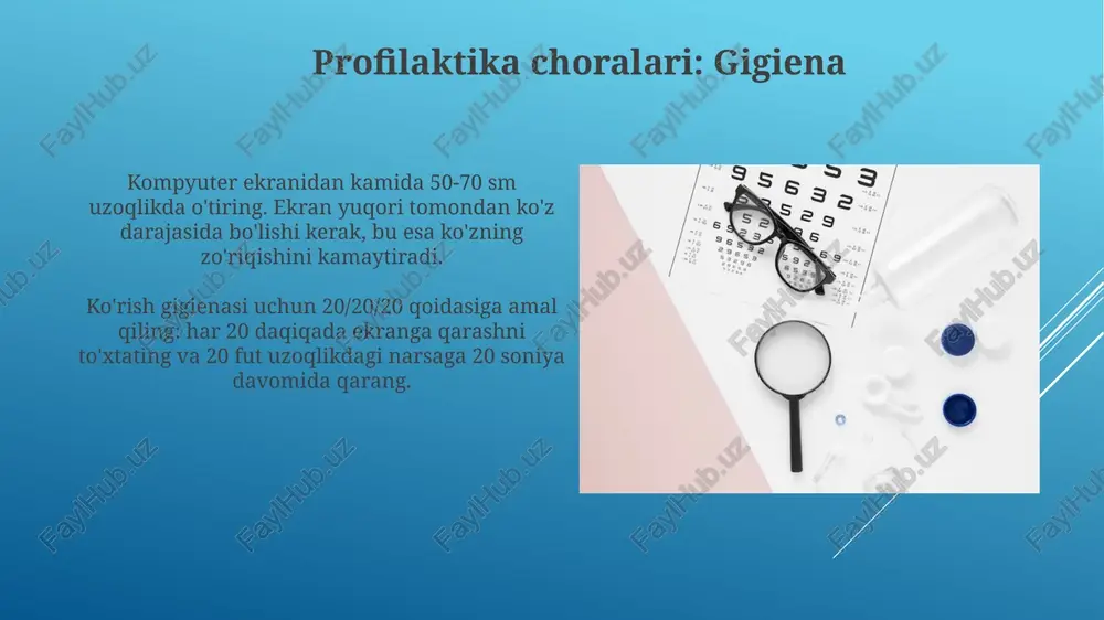 lar ko‘rishni saqlash uchun a, c va e vitaminlari, lutein va zeaksantin kabi antioksidantlarga boy 5 xil meva va sabzavotlarni iste’mol qilish tavsiya etiladi. xulosa sifatida, 40 yoshdan oshganlar har yili ko‘z tekshiruvidan o‘tishlari, ko‘rish o‘tkirligini va ko‘z bosimini o‘lchashlari, glaukomani erta aniqlash uchun muhim. profilaktika choralari: ovqatlanish omega-3 yog' kislotalari (baliq, zig'ir urug'i) ko'zning quruqligi sindromini kamaytiradi. haftada kamida 2 marta 150 grammdan baliq iste'mol qiling. antioxidantlar (c, e vitaminlari, sink) ko'z hujayralarini himoya qiladi. kundalik ratsionga 500 grammgacha meva va sabzavotlar qo'shish tavsiya etiladi. oits va ko'rish bo'yicha savollar ko'rish buzilishlarining 40% dan ortig'i bolalik davrida boshlanadi. erta tashxis qo'yish va korreksiya ko'rish qobiliyatini saqlash uchun juda muhim ahamiyatga ega. oits bilan kasallangan odamlarning 20-40 foizida ko'z kasalliklari, masalan, sitomegalovirus retiniti rivojlanishi mumkin. bu ko'rishni yo'qotishga olib kelishi mumkin. profilaktika choralari: dori-darmonlar vitamin a preparatlari ko'rish qobiliyatini yaxshilash va ko'z kasalliklarining oldini olish uchun muhim. kundalik doza 2500-5000 …