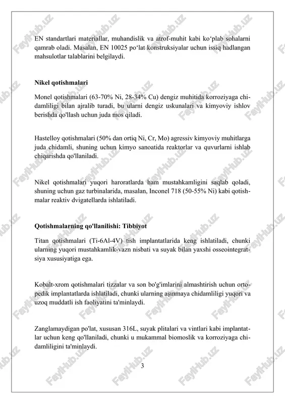 amliligini ta'minlaydi. qotishmalarning qo'llanilishi: avtomobilsozlik alyuminiy qotishmalari, jumladan 5052 va 6061, korroziyaga chidamliligi va yengilligi sababli dvigatel bloklari va transmissiya korpuslarida keng qo'llaniladi, bu esa umumiy avtomobil og'irligini kamaytiradi. titan qotishmalari, xususan ti-6al-4v, yuqori narxiga qaramay, poyga avtomobillarida va yuqori unumdorlikka ega transport vositalarida kamdan-kam hollarda ishlatiladi, chunki ular a'lo darajadagi kuch-vazn nisbatiga ega. avtomobilsozlikda yuqori mustahkamlikka ega po'lat qotishmalari, masalan, hsla po'latlari (yuqori mustahkamlikdagi kam legirlangan po'lat), kuzov qismlari uchun vaznni kamaytirishda qo'llaniladi, bu esa yonilg'i samaradorligini oshiradi. qotishma tarkiblari: kirish qotishma tarkiblari muayyan xususiyatlarni yaxshilash uchun yaratiladi. misol uchun, zanglamaydigan po'lat tarkibida xrom (cr) miqdori 10.5% dan yuqori bo'lishi korroziyaga chidamlilikni oshiradi. qotishma tarkibini o'zgartirish orqali qattiqlik, kuchlilik va o'tkazuvchanlik kabi xususiyatlarni nazorat qilish mumkin. bronza mis (cu) va qalay (sn) aralashmasi bo'lib, misga nisbatan yuqori qattiqlikka ega. qotishma tarkiblari metallarning aralashmasidir, unda kamida bir metall element bo'ladi. masalan, po'lat tarkibida temir (fe) va uglerod (c) elementlari bo'ladi, …