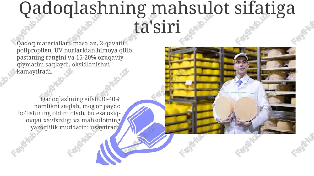 lar oziq-ovqat zaharlanishiga olib kelishi mumkin. koliform bakteriyalarining mavjudligi, odatda, fekal ifloslanishning ko'rsatkichidir, shuning uchun 1 gramm makaronda ularning miqdori 10 dan oshmasligi ta'minlanishi kerak. makaronni quritish va sovutish jarayonlari makaron quritishning optimal harorati odatda 40 dan 70 daraja selsiygacha bo'lib, bu jarayon davomiyligi mahsulot turiga qarab 6 soatdan 24 soatgacha davom etadi. sovutish jarayoni quritilgan makaronning sifatini saqlash uchun muhim, chunki u namlikning teng taqsimlanishiga yordam beradi va yorilish xavfini kamaytiradi. bu odatda 20-25 daraja selsiyda amalga oshiriladi. makaron mahsulotlarini saqlash sharoitlari 01 02 makaron mahsulotlarini 70% dan yuqori bo'lmagan nisbiy namlikda va 20°c dan yuqori bo'lmagan haroratda saqlash kerak, bu esa mog'or paydo bo'lishining oldini oladi. sales 1st qtr 2nd qtr 100 0 sales 1st qtr 2nd qtr 100 0 savdo nuqtalarida joylashtirish qoidalari pasta mahsulotlari quyosh nurlaridan himoyalangan, quruq va salqin joylarda saqlanishi kerak. optimal harorat 18-22°c, namlik esa 70% dan oshmasligi kerak. pasta mahsulotlari savdo zalida …