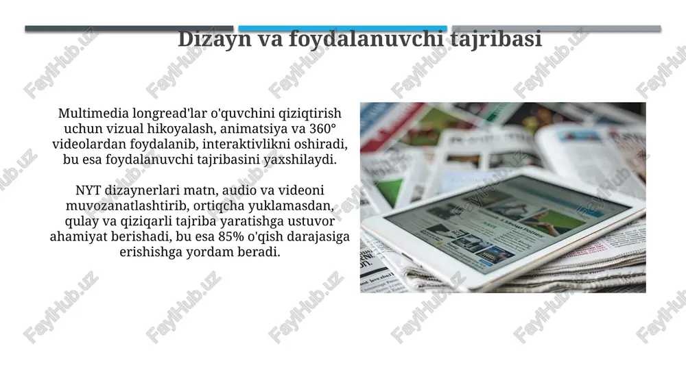 i 35% ga ko'taradi, bu esa tinglovchilarda chuqur aloqani shakllantiradi va ijtimoiy ongni rivojlantiradi. immersiv fotosurat va video “immersiv video” virtual reallik texnologiyasidan foydalanib, tomoshabinlarni voqea markaziga joylashtiradigan, 3d muhitda yaratilgan videolarni nazarda tutadi. nytning bunday formatlardagi ishlari foydalanuvchilarga voqeani his qilish, vizual ma'lumotlarni qabul qilish darajasini oshirish uchun qaratilgan. e'tiboringiz uchun rahmat @taqdimot_robot image2.jpg image3.jpg image4.jpg image5.jpg image6.jpg image7.jpg image8.jpg image9.jpg image10.jpg image11.jpg image12.jpg faye dew