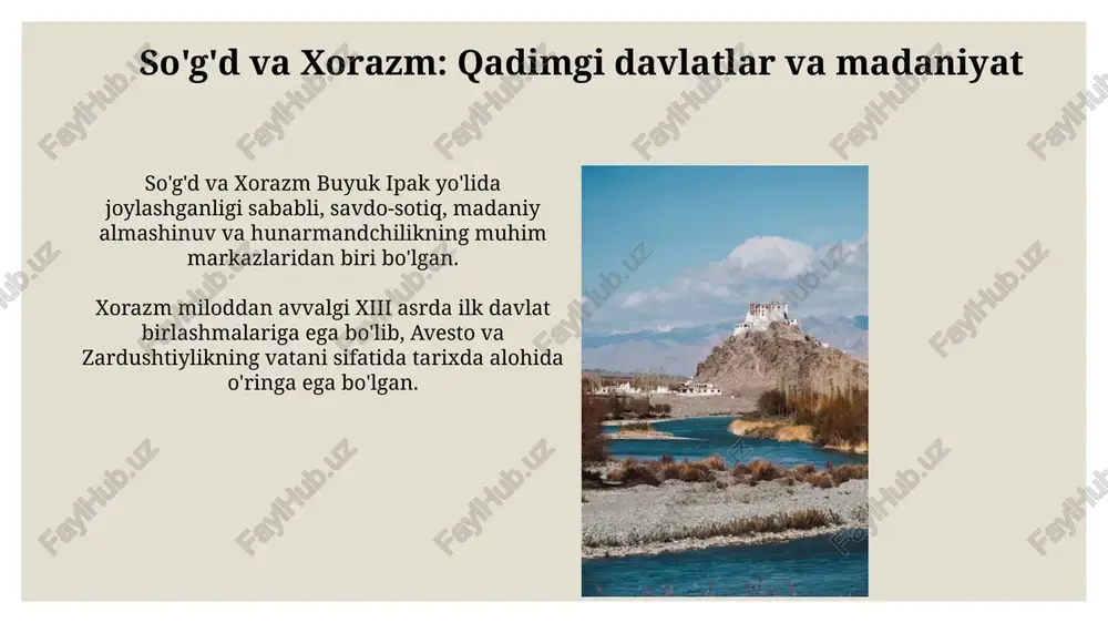 o'rta osiyo siyosiy hayotida muhim rol o'ynadi va bir necha o'n yillar davomida hukmronlik qildi. xorazmshohlar imperiyasi imperiyaning eng gullagan davri alouddin muhammad ii hukmronligi yillariga toʻgʻri keladi, u 1200-1220-yillarda markaziy osiyoning katta qismini, shu jumladan eron va afgʻoniston hududlarini birlashtirgan. moʻgʻullar istilosi 1219-1221-yillarda xorazmshohlar imperiyasining qulashiga olib keldi, chingizxon qoʻshinlari shaharlarni vayron qilib, aholini qirgʻin qilib, siyosiy tuzilmani butunlay yoʻq qildi. eng qadimgi davrlarda davlatchilik unsurlari miloddan avvalgi iv ming yillikda janubiy oʻzbekistonda ilk shahar-davlatlar shakllana boshladi, bu esa sugʻorish tizimlarini boshqarish zarurati bilan bogʻliq edi. baqtriya hududida miloddan avvalgi iii asrda mustaqil grek-baqtriya podsholigi vujudga keldi, bu davlat oʻzining madaniyati va pul tizimi bilan ajralib turardi. turkistonning rossiya imperiyasi tomonidan bosib olinishi turkistonning bosib olinishi mahalliy aholining qattiq qarshiliklariga duch keldi, masalan, 1898-yildagi andijon qo'zg'oloni shunday kurashlardan biri edi. 1868-yilda rossiya buxoro amirligi ustidan g'alaba qozondi va uni vassal davlatga aylantirdi, shu tariqa imperiyaning ta'sirini sezilarli darajada kengaytirdi. …