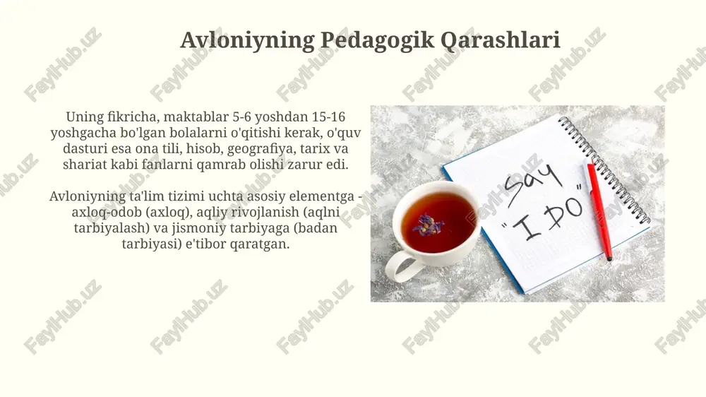 mlangan bo'lib, u o'zbek adabiyotining muhim namunalaridan biridir. sovet davridagi ta'qiblar va qatag'on 1937-yilda boshlangan qatag'on davrida avloniy "millatchilik" va "sovet rejimiga qarshi faoliyat"da ayblanib hibsga olinadi, so'roq qilinadi va tez orada qatl etiladi. avloniyning pedagogik qarashlari 1930-yillarda, xususan, "maktab gulistoni" kabi asarlari sovet mafkurasiga zid deb topilib, ta'qiq ostiga olindi va o'qituvchilar tomonidan tanqid qilindi. til va adabiyot masalalari bo'yicha qarashlari adabiyotni axloqiy tarbiya vositasi sifatida ko'rgan avloniy, 'turkiy guliston yoxud axloq' asarida bolalarni vatanparvarlik va insonparvarlik ruhida tarbiyalash g'oyasini ilgari surdi. avloniy ona tilining ahamiyatini ta'kidlab, uni 'millatning ruhi' deb atagan. uning fikricha, 19-asr oxiri va 20-asr boshlarida tilni rivojlantirish milliy o'zlikni saqlash uchun muhim edi. e'tiboringiz uchun rahmat @taqdimot_robot image4.jpg image5.jpg image6.jpg image7.jpg image8.jpg image9.jpg image10.jpg image11.jpg image12.jpg image13.jpg image14.jpg image15.jpg >. | @& language such a hypoerit smoke, but he . false /forls/ [adj] « are false are nc pretending to fe mas,’ she said, u …