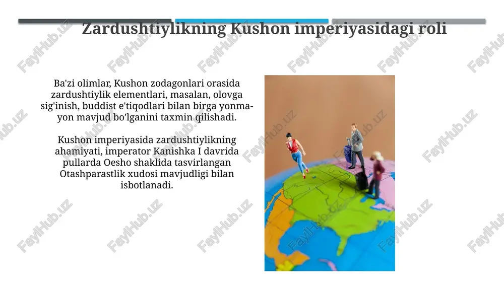 biliyatini ko'rsatadi, angra mainyuga qarshi turish uchun yordam beradi. angra mainyu, vayronkor ruh, ahura mazdaning aksi sifatida paydo bo'ladi. u yovuzlik, zulmat va tartibsizlikni olib keladi. 9999 kasallik va yomonlik uning yaratgan narsalaridir. markaziy osiyoga tarqalishi vii-viii asrlarda islom dinining kirib kelishi bilan zardushtiylikning markaziy osiyodagi ta'siri kamaydi, ammo u xorazm va so'g'd kabi ayrim hududlarda ming yil davomida saqlanib qoldi. miloddan avvalgi ii asrda kushon imperiyasi davrida zardushtiylik markaziy osiyoda yanada keng tarqaldi. imperiya turli dinlarga tolerant bo'lgan, bu esa zardushtiylikka o'sish imkoniyatini berdi. zardushtiylikning kelib chiqishi zardushtiylikning asosiy g‘oyasi axura mazda, yagona oliy xudoga sig‘inish, bu esa dualistik dunyoqarashni yaratdi: ezgulik va yomonlik o‘rtasidagi abadiy kurash. zardushtiylik, miloddan avvalgi 1500-1000 yillarda sharqiy eronda zardushtra payg‘ambar tomonidan asos solingan deb hisoblanadi, uning aniq tug‘ilgan joyi noma'lum. qadimgi soʻgʻd va zardushtiylik soʻgʻd zardushtiylik matnlarida, xususan, avestoning sharhlarida, mahalliy madaniyat va e'tiqodlar bilan uygʻunlashgan oʻziga xos xususiyatlar mavjud, bu esa diniy …