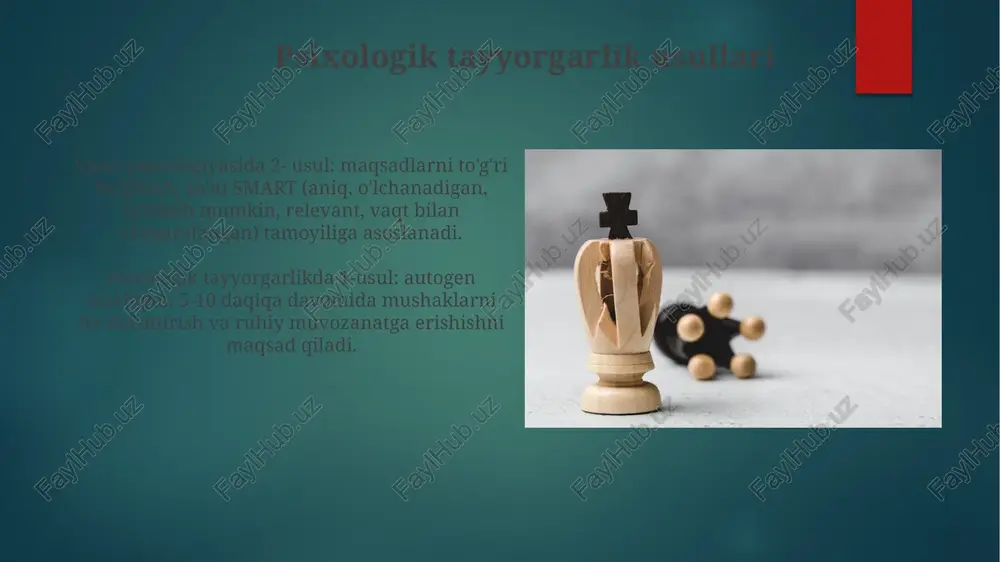 ko'chirish (10 soniyada bir ob'ektdan ikkinchisiga), sport muvaffaqiyatida 60% rol o'ynaydi. sportchining motivatsiyasi va maqsadlari sportda muvaffaqiyatga erishish motivatsiyasi, birinchi navbatda, shaxsiy mukammallikka intilish va 80% holatda o'z imkoniyatlarini ro'yobga chiqarish maqsadini o'z ichiga oladi. ichki motivatsiya sportchining qiziqishi va zavqlanishiga asoslanadi, tashqi motivatsiya esa 55% hollarda sovrinlar yoki tan olinish kabi tashqi omillar bilan belgilanadi. g'alaba va mag'lubiyatni boshdan kechirish g'alaba va mag'lubiyatdan keyin o'z-o'zini baholash muhim, bu sportchiga 90 foiz hollarda kuchli va zaif tomonlarini real baholashga va kelajakda o'sishga yordam beradi. mag'lubiyat hissiyotlari tahlil qilinishi kerak; sabablarni aniqlash va 70 foiz hollarda kelgusi musobaqalarga tayyorgarlik ko'rish uchun to'g'ri xulosa chiqarish kerak. musobaqa davomidagi xulq-atvor sportchi musobaqa davomida o'ziga xos hissiy holatlarni boshdan kechiradi, masalan, g'alaba qozonish ishtiyoqi 90-100% gacha yetishi, mag'lubiyat qo'rquvi esa 10-20% dan oshmasligi kerak. musobaqa davomida sportchining xulq-atvori barqarorlikni talab etadi, 70-80% holatlarda oldindan rejalashtirilgan taktikaga amal qilish muhim, lekin 20-30% moslashuvchanlik zarur. stressni …
